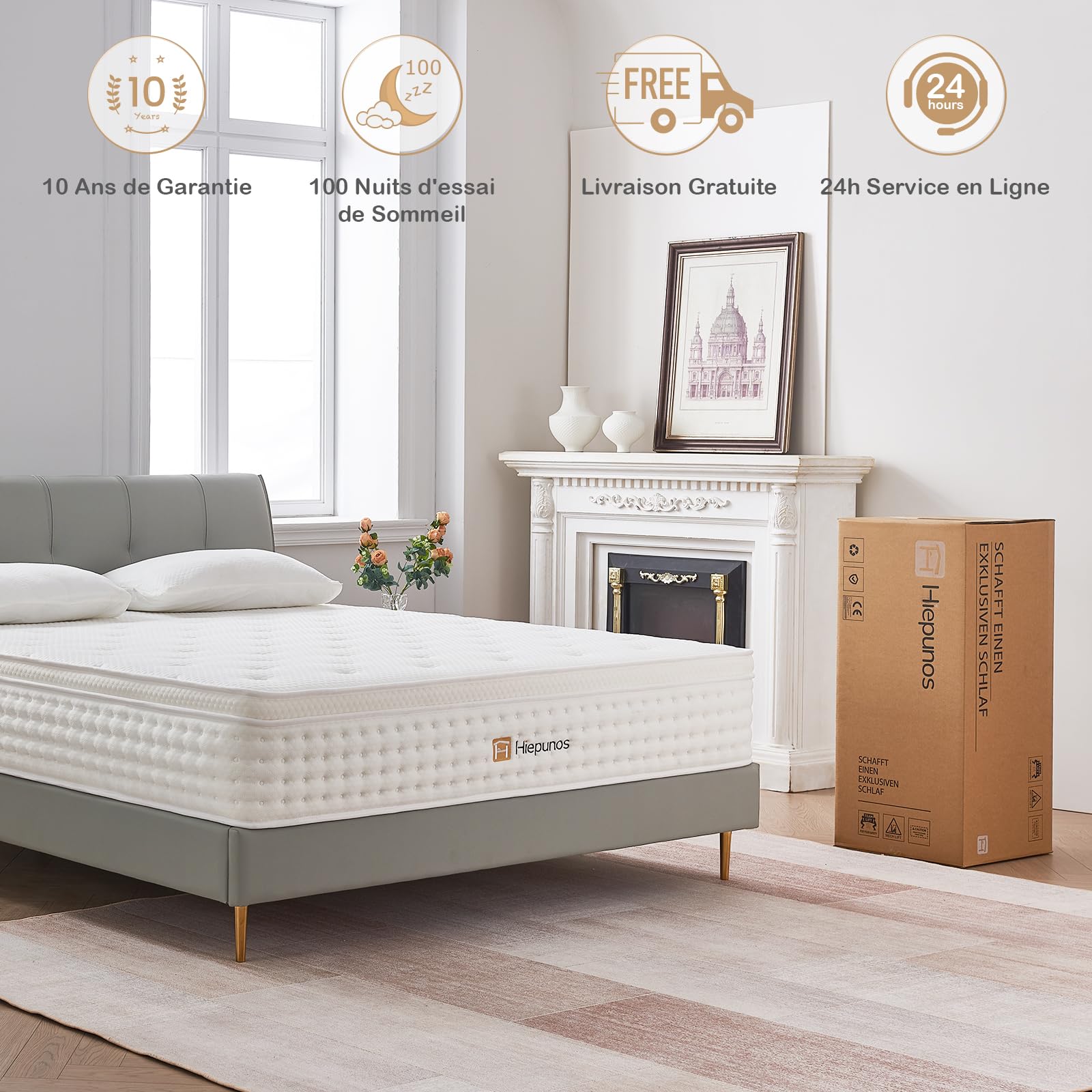 Hiepunos Matelas 140x200 cm, Épaisseur 26cm, Matelas à Ressorts Ensachés et à Mémoire de Forme, Matelas Hybride, 7 Zones de Confort, H3 Moyenne Ferme, Soutien Parfait, Respirant