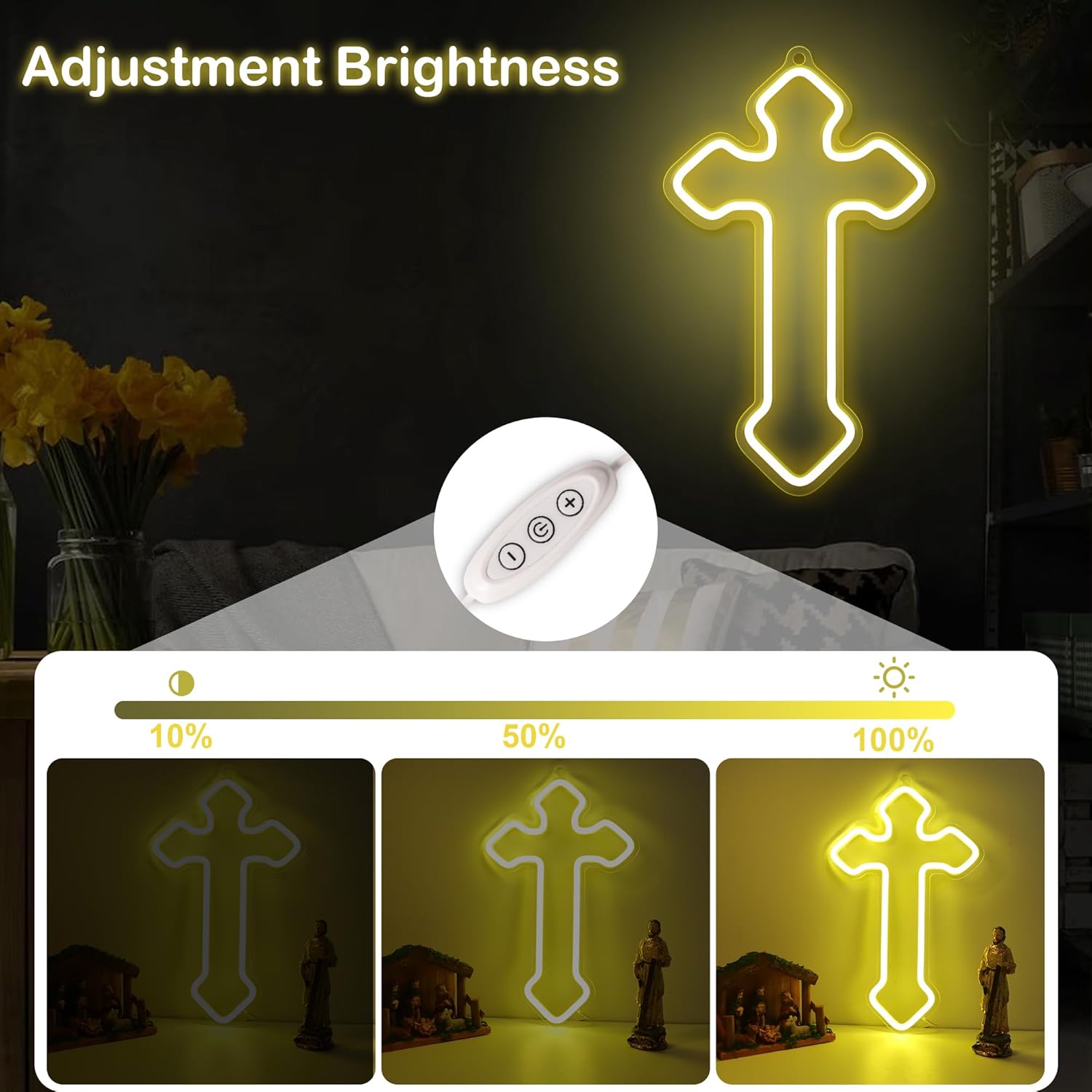 Attivolife Light up Cross Neon Sign, Jesus LED Night Light with Dimmable USB Powered, Home Bedroom Wall Decor Warm White, Best Gifts for Religious Christian Easter Birthday Party Wedding Christmas