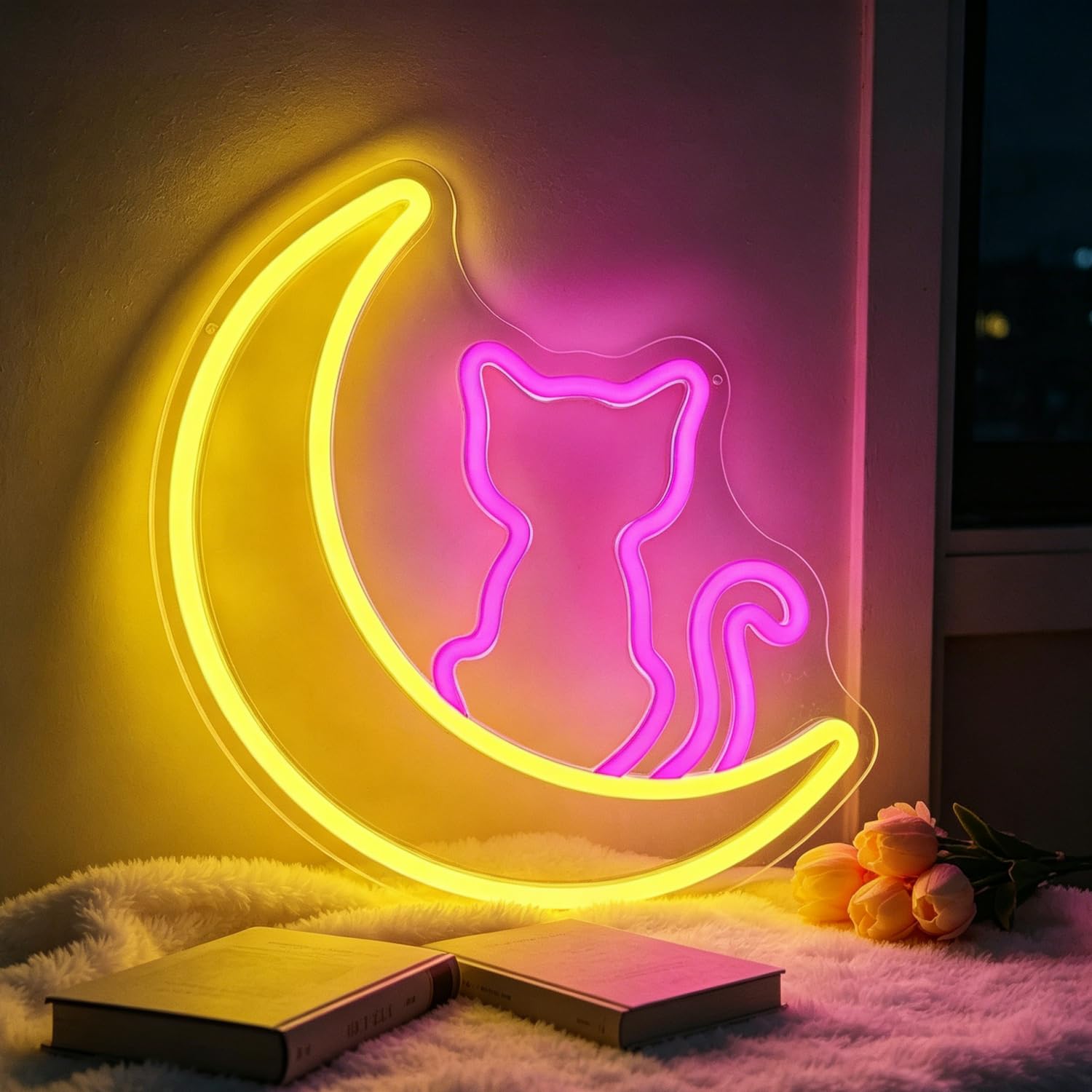Moon Cat Neon Sign Dimmable Led Pet Shop Sign for Wall Decor USB Powered Bright Neon Pet Shop Signs for Bedroom Living Room Room Party Club 11.61”x10.24”
