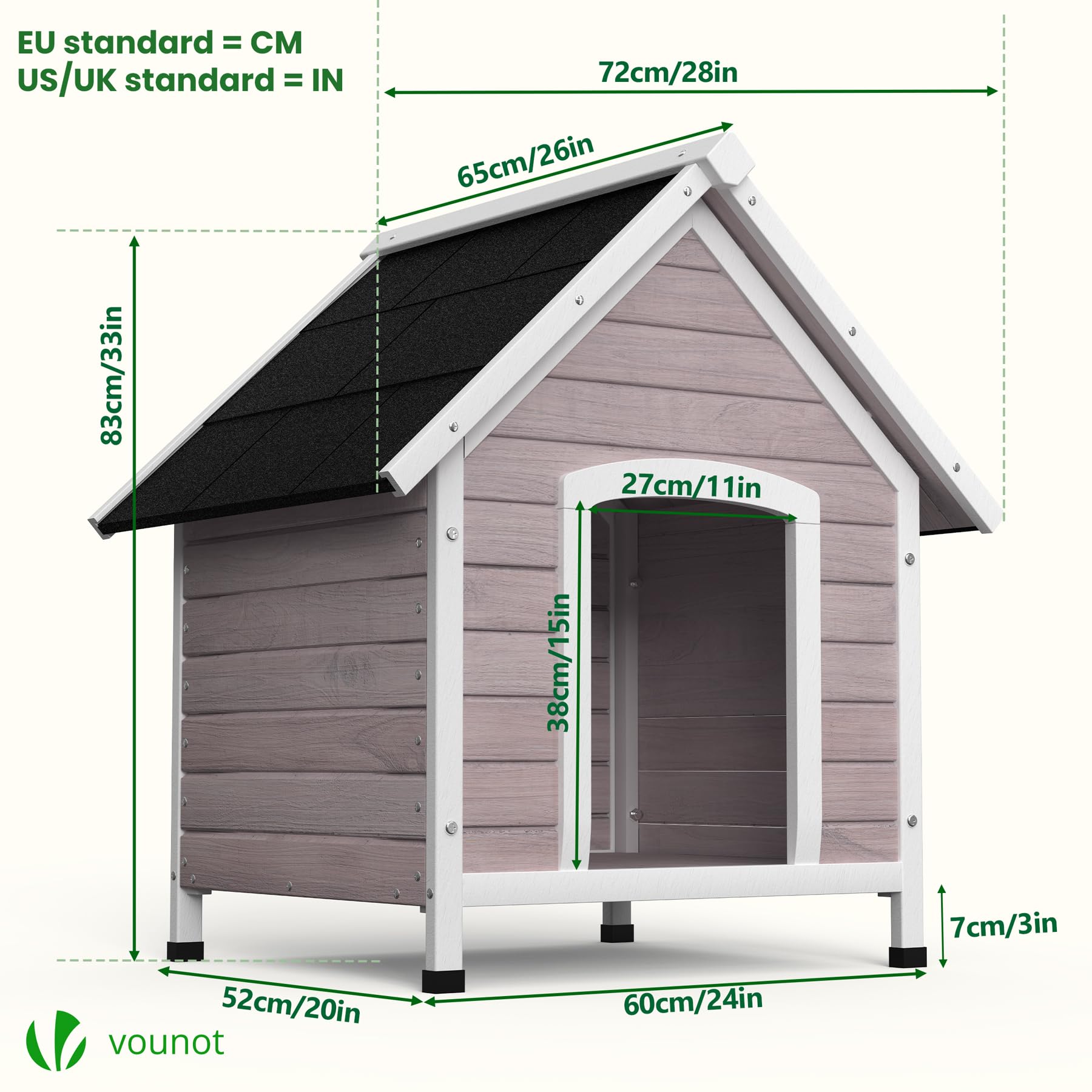 VOUNOT® Caseta para Perros Exterior con Techo Asfáltico y Pies Antideslizantes Casa para Perros Mascotas Perrera de Madera Impermeable Base Extraíble Refugio Canino Perruno 72x65x83 cm, Gris