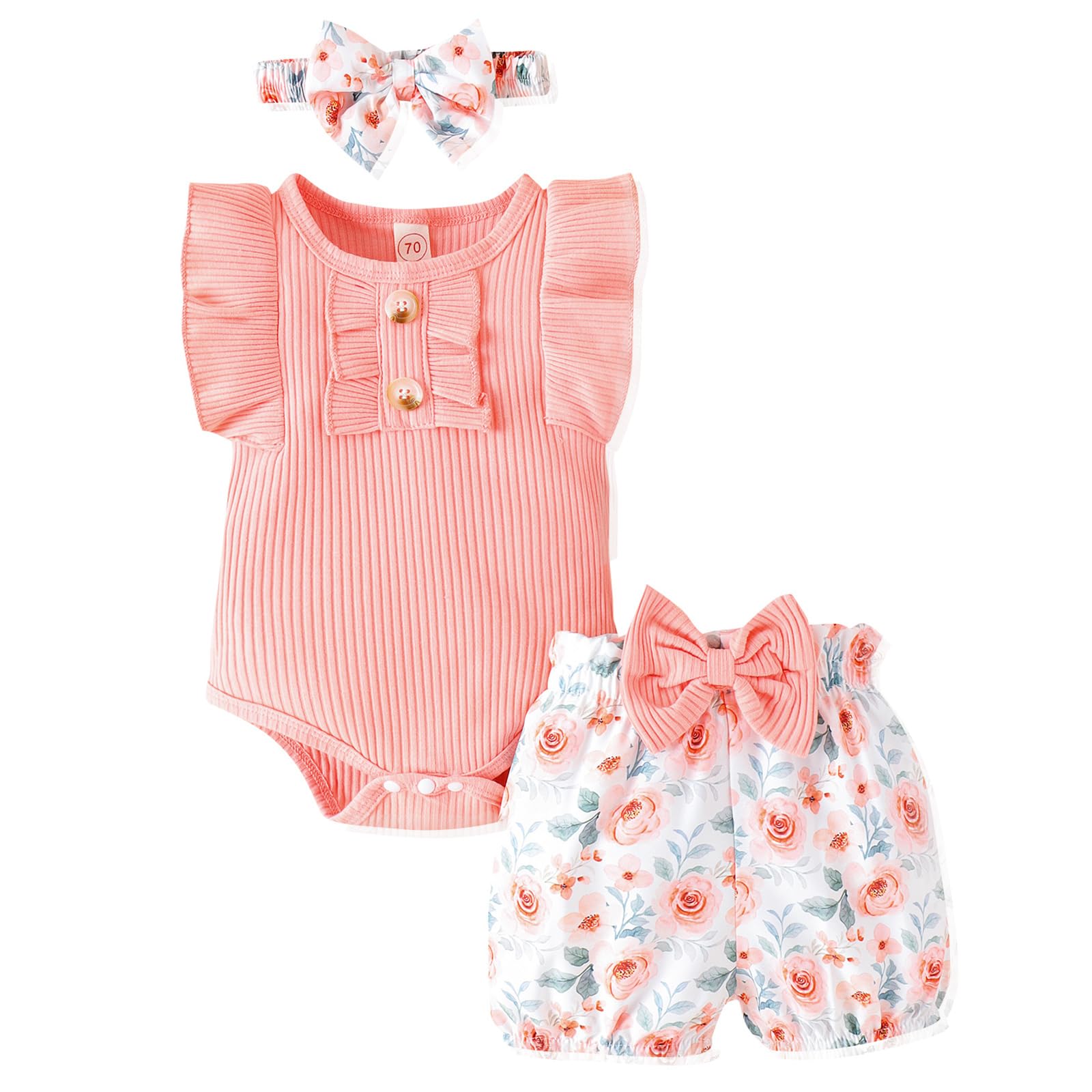LUNFEGO Newborn Baby Girl Clothes Outfits Ruffle Romper and Short Pant Sets with Headband Infant Bodysuits