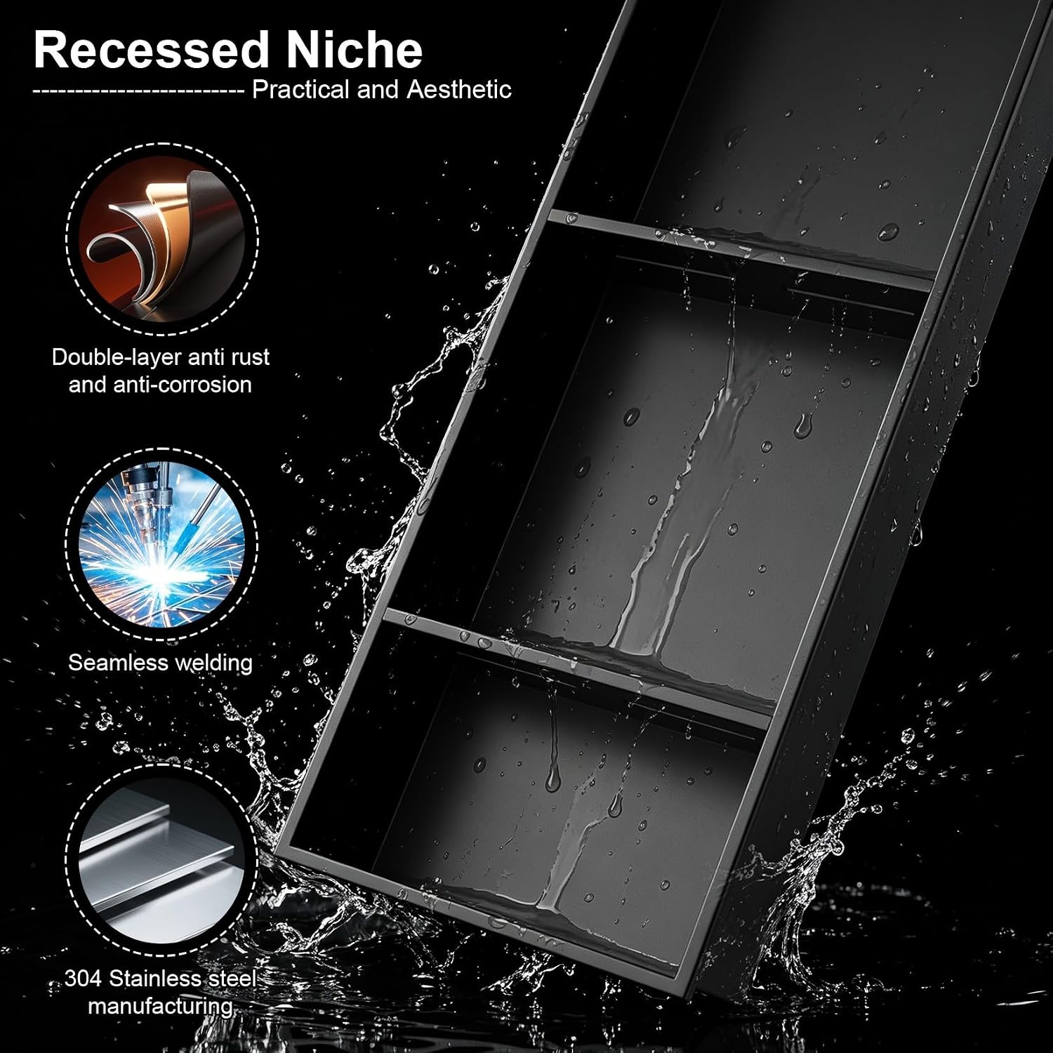 Ralbay No Tile Needed Shower Niche for Bathroom Storage 30" x 12" Black Recessed Wall Niche,Three Shelves,Stainless Steel (Matte Black)