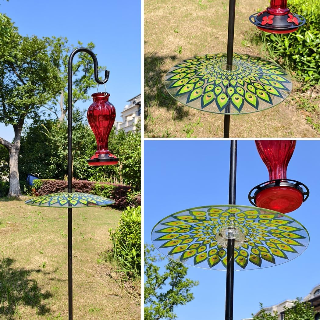 13" Glass Rain Cover for Bird Feeder Outdoors - Baffle on Shepherd Pole/Post or S Hook Hanging - Large Weather Guard Protective Dome - Dia. 33CM - Peacock Feather