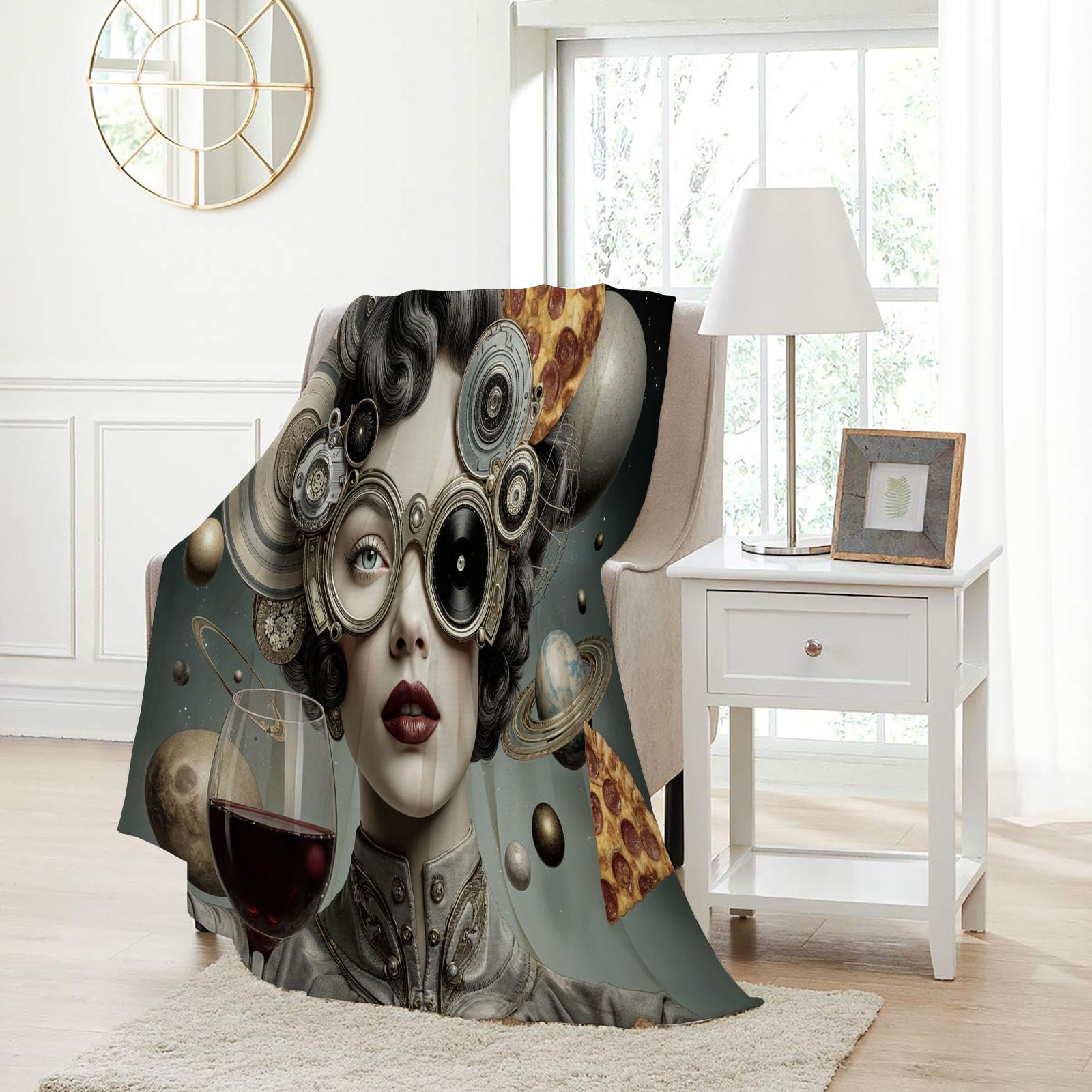 Plaid steampunk femme 130x150cm en flanelle douce noire et blanche pour le canapé