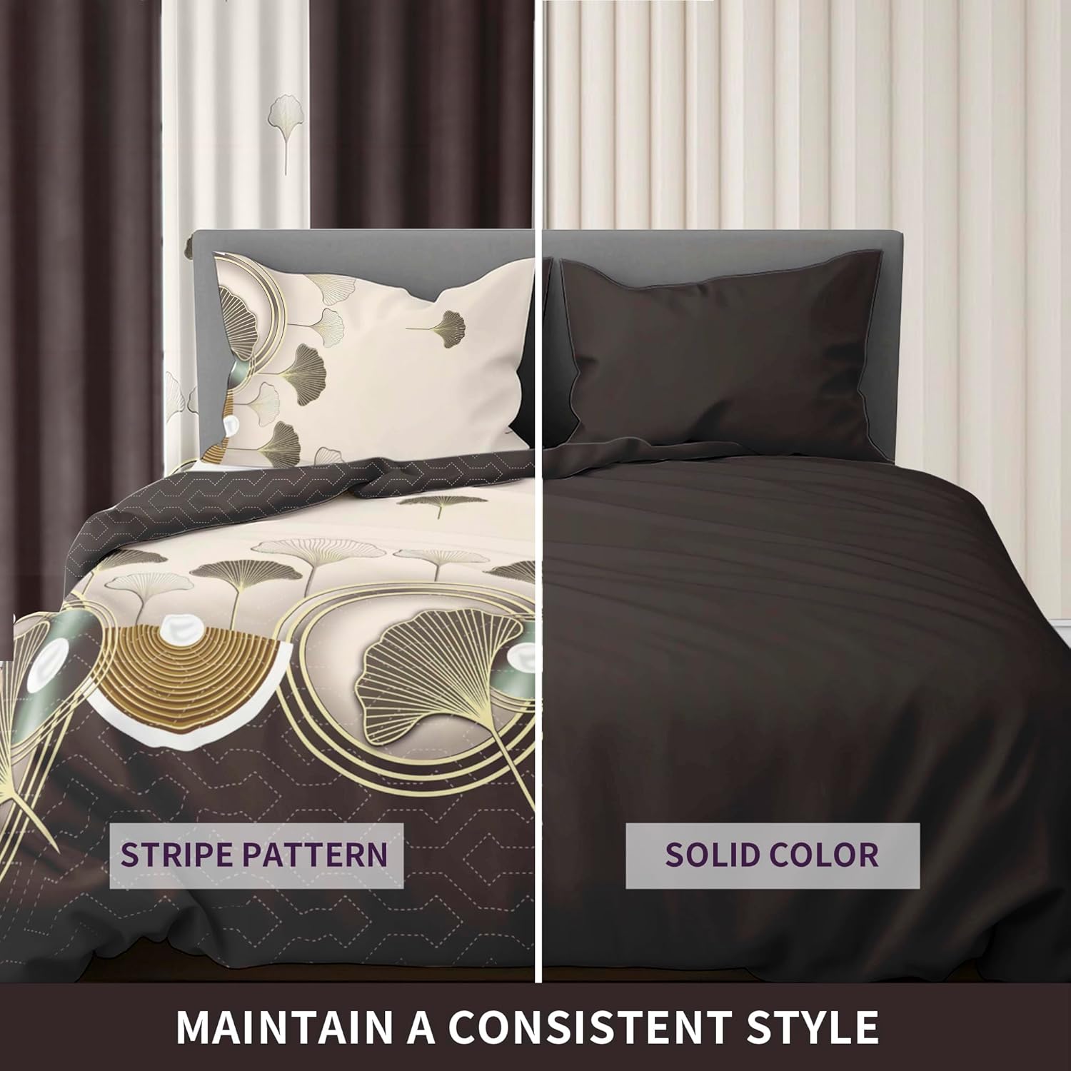 Deepsleep 9-piece Bedding Set Queen Size Ginkgo Leaf Matching Curtains, with 1 Bedspread and 2 Pillowcases and 6 Curtains, is Machine Washable—Making, the Gift for Weddings or Holidays