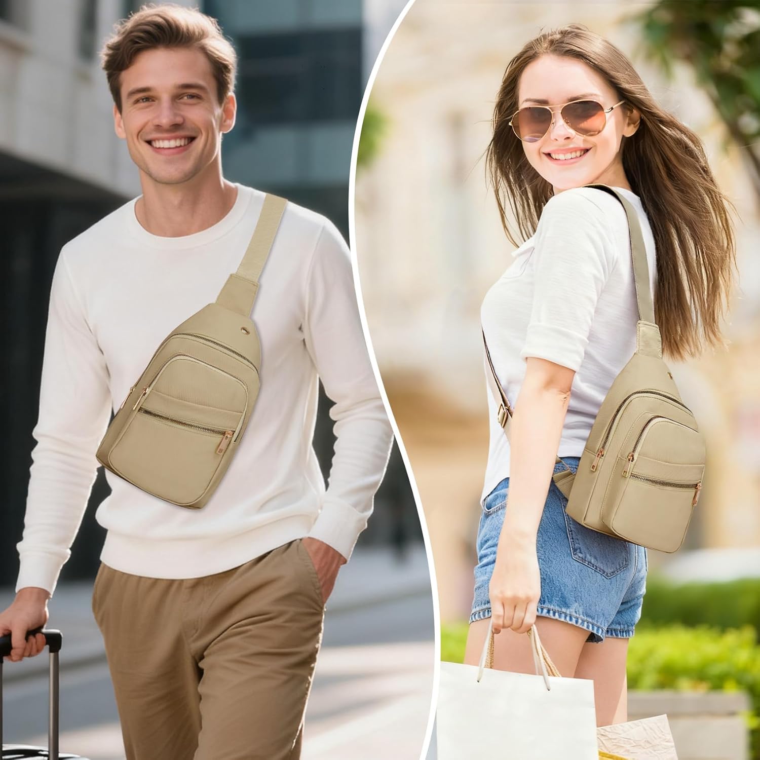 Small RFID Waterproof Sling Bag Travel Crossbody Bags for Women Men, Hands Free Lightweight Sling Backpack Chest Pack Daypack for Outdoors Hiking Traveling Fitness Commuting Cycling Khaki - Image 2