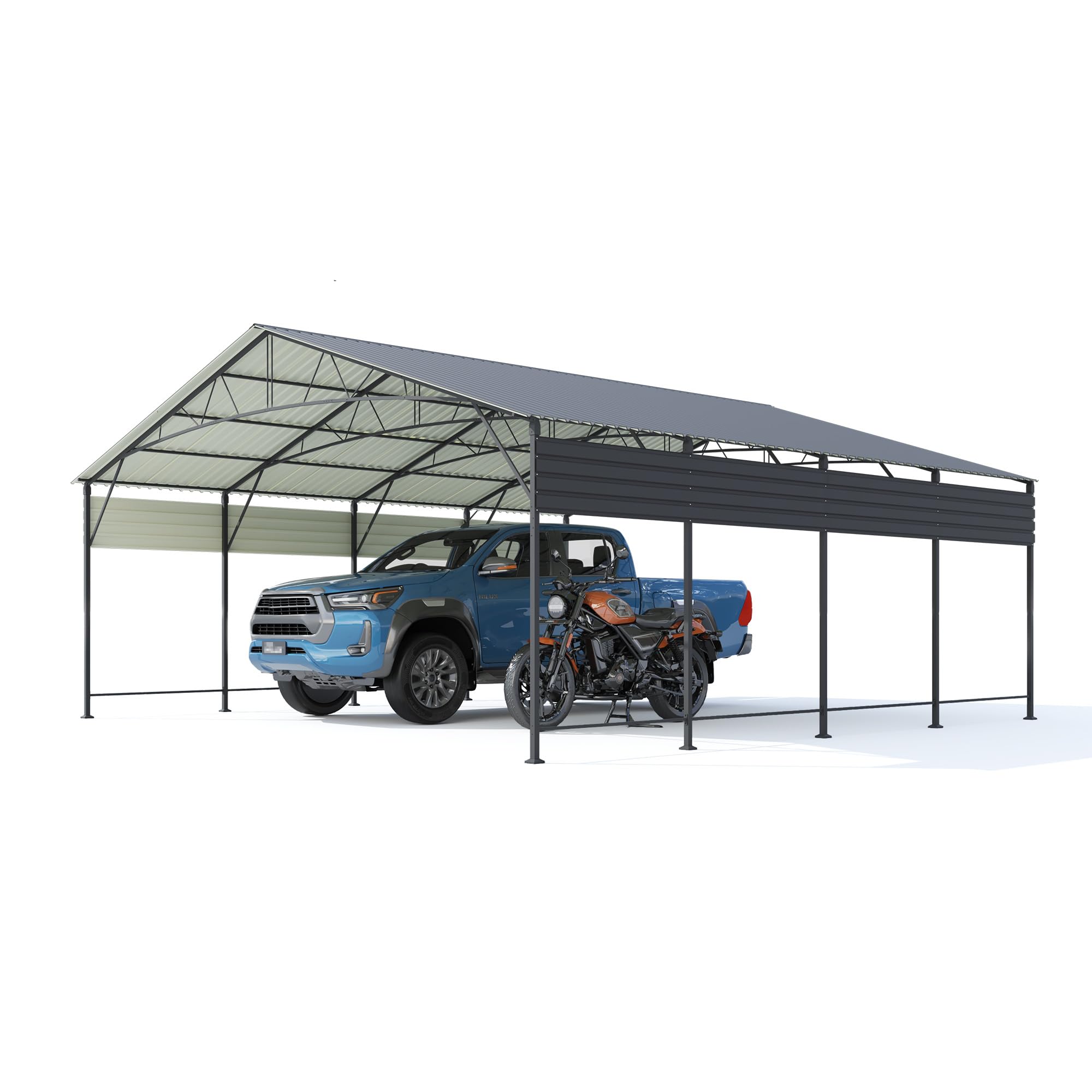 Image showing product dimensions, installation gloves, and 5 packages for the Patiowell 20x20 FT Metal Carport.