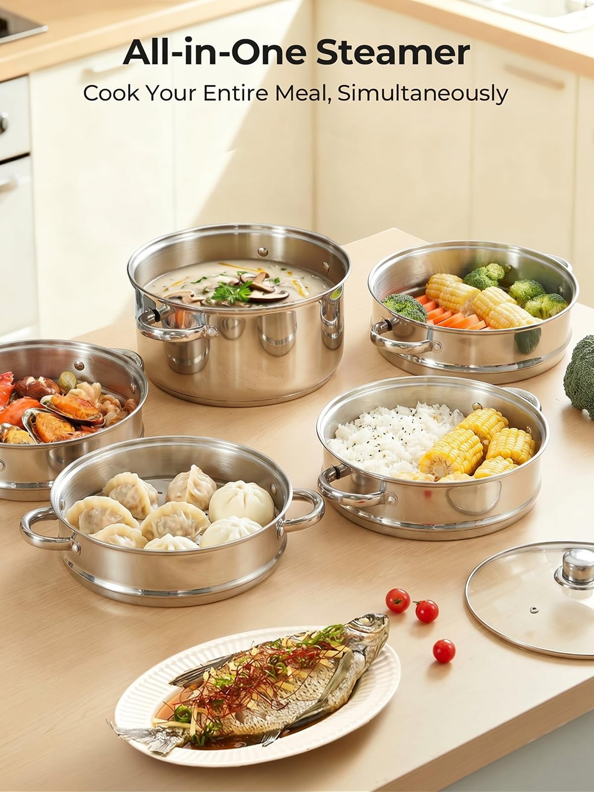 Pentola a Vapore in Acciaio Inox, Cuocivapore, Pentola (5 in 1), Diametro 26 cm, con Coperchio in Vetro, Cuocivapore per Tutti i Tipi di Fornelli, Anche a Induzione, Argento