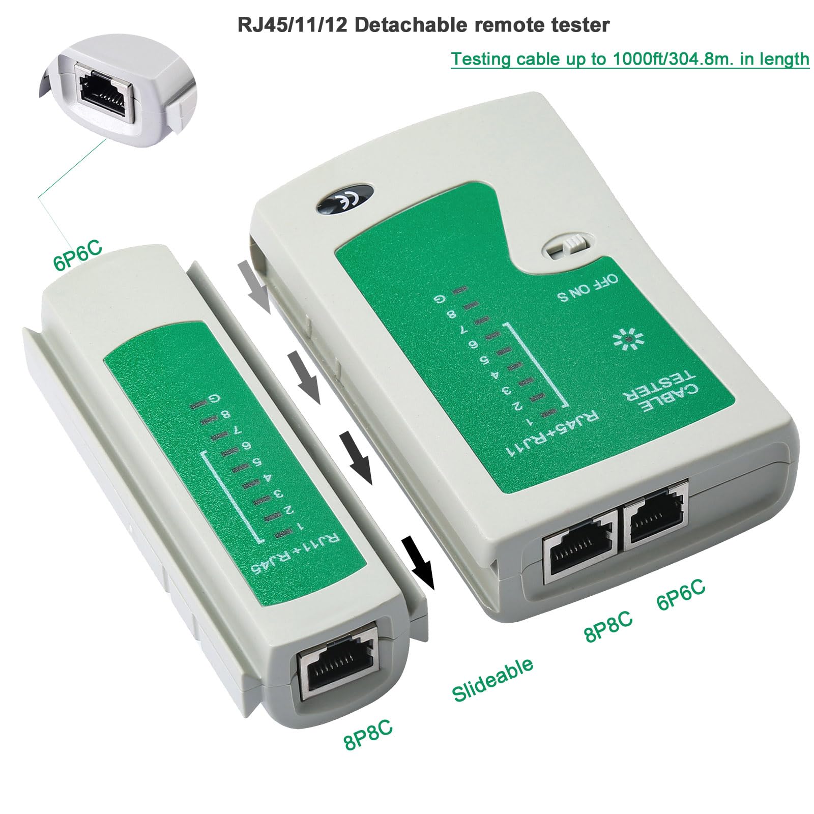 Kit di crimpatura RJ45 con pinza crimpatrice passante per Cat5, Cat5e, Cat6, Cat6a, 8P8C, connettore modulare All-In-One Cat6, crimpatrice e tester (batteria da 9 V non inclusa)