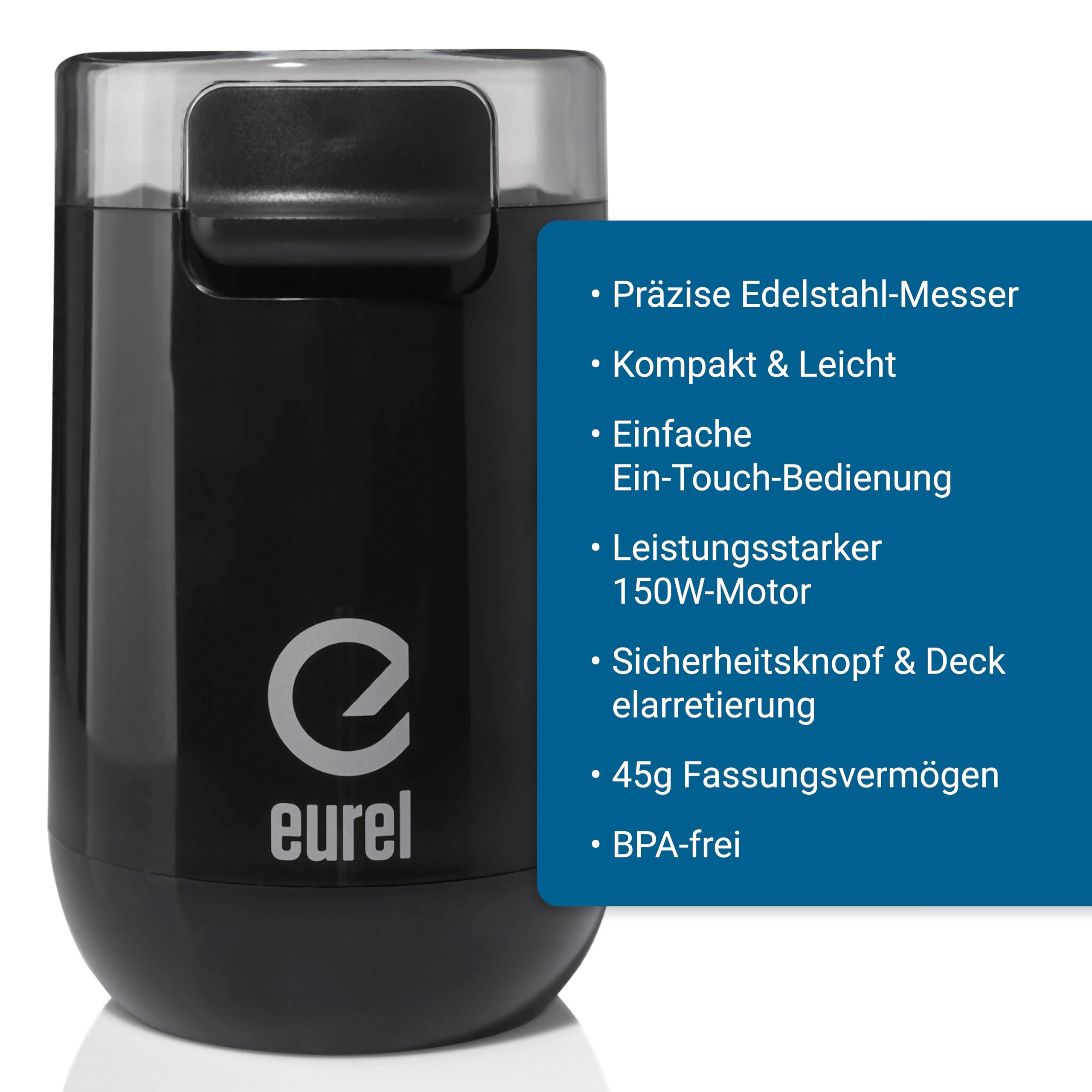 EUREL KMA Elektrische Kaffeemühle Schwarz – Coffee Grinder mit Edelstahl Mahlbehälter & Messer, Variable Mahlgrade, Kompaktes Design – 45g Kapazität