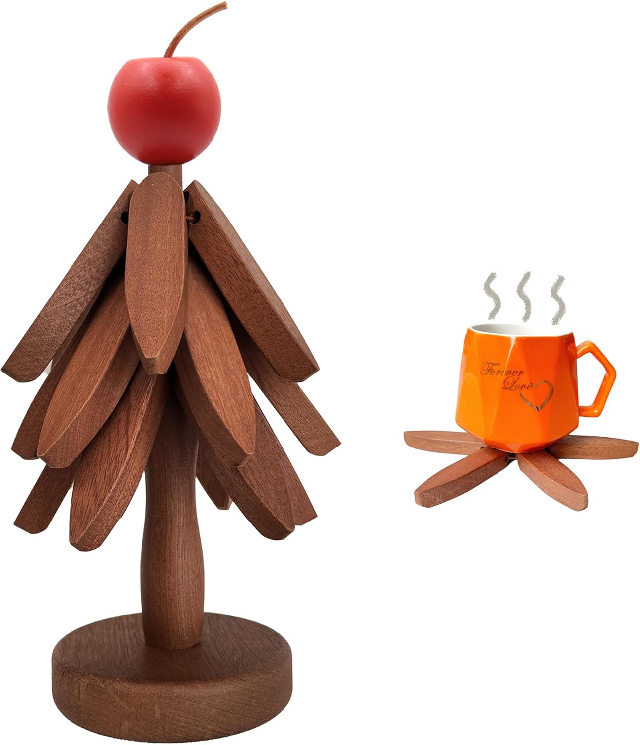 2026 New Wooden Trivets for Hot Dishes, Artisanal Wooden Coasters Trivets Set, Natural Tree Trivets Set, 3 Tree Coasters +1 Wood Apple +1 Pot Holder Stand