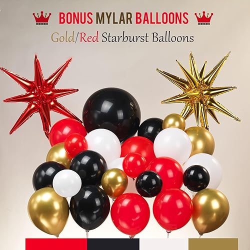 Miniatura 9 de Kit de arco de globos rojos y negros de 146 piezas con globos de estrella de lámina dorada, perfecto para casino, superhéroe, graduación