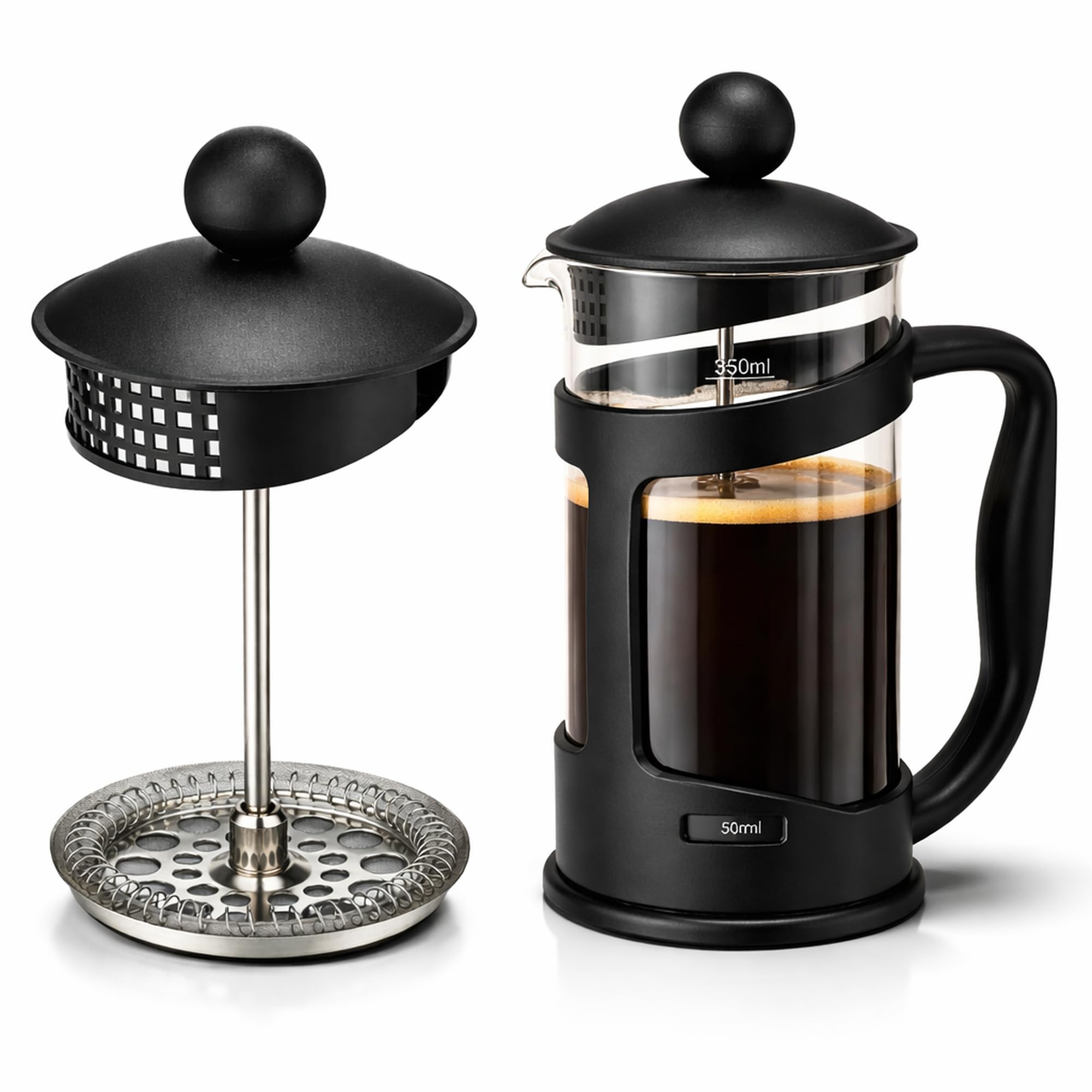 GLOW Classic Continental Cafetière noire 350 ml – Cafetière manuelle de qualité supérieure avec cafetière à piston en verre trempé résistant aux chocs et filtre à piston pour haricots moulus expresso