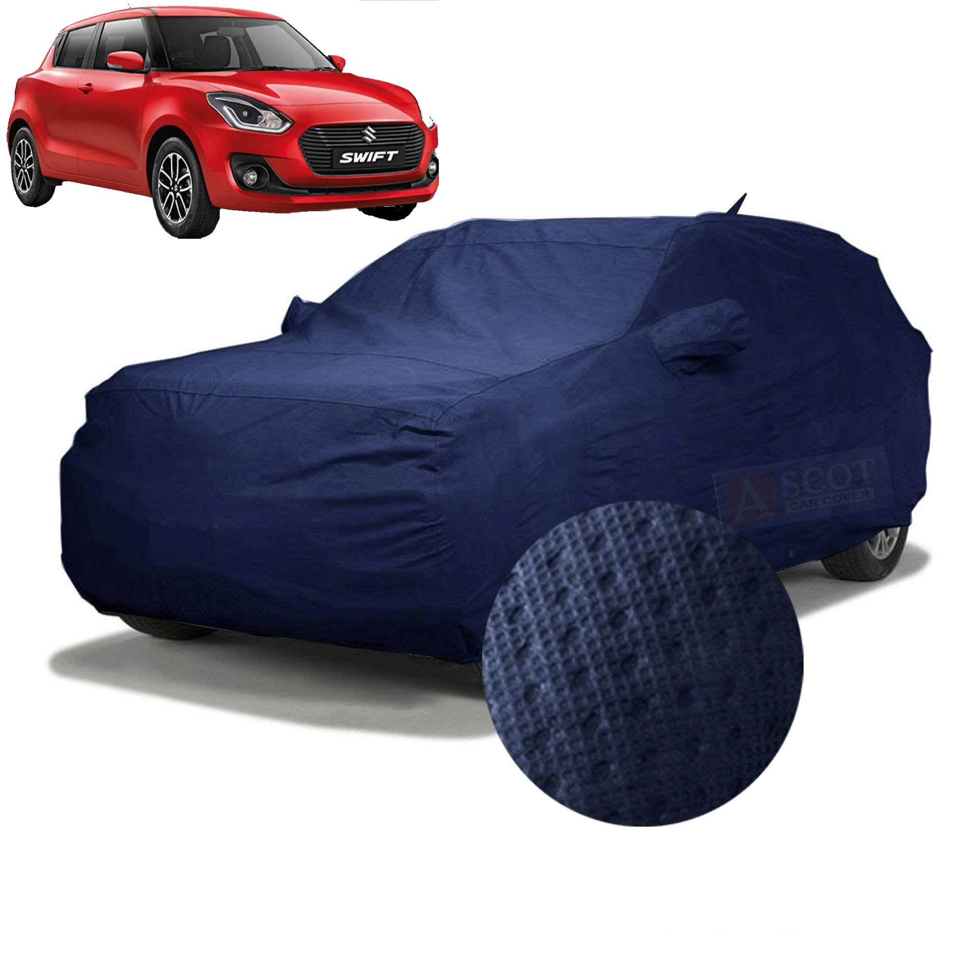 ASCOT, CAR COVER Premium 3-Layer Waterproof & Heat-Resistant Car Cover for Maruti Suzuki Swift 2017-2026 | UV Shield, Dustproof, Cotton Lining | Mirror & Antenna Pockets (Swift VXI, TIEBOND Blue)-image-7