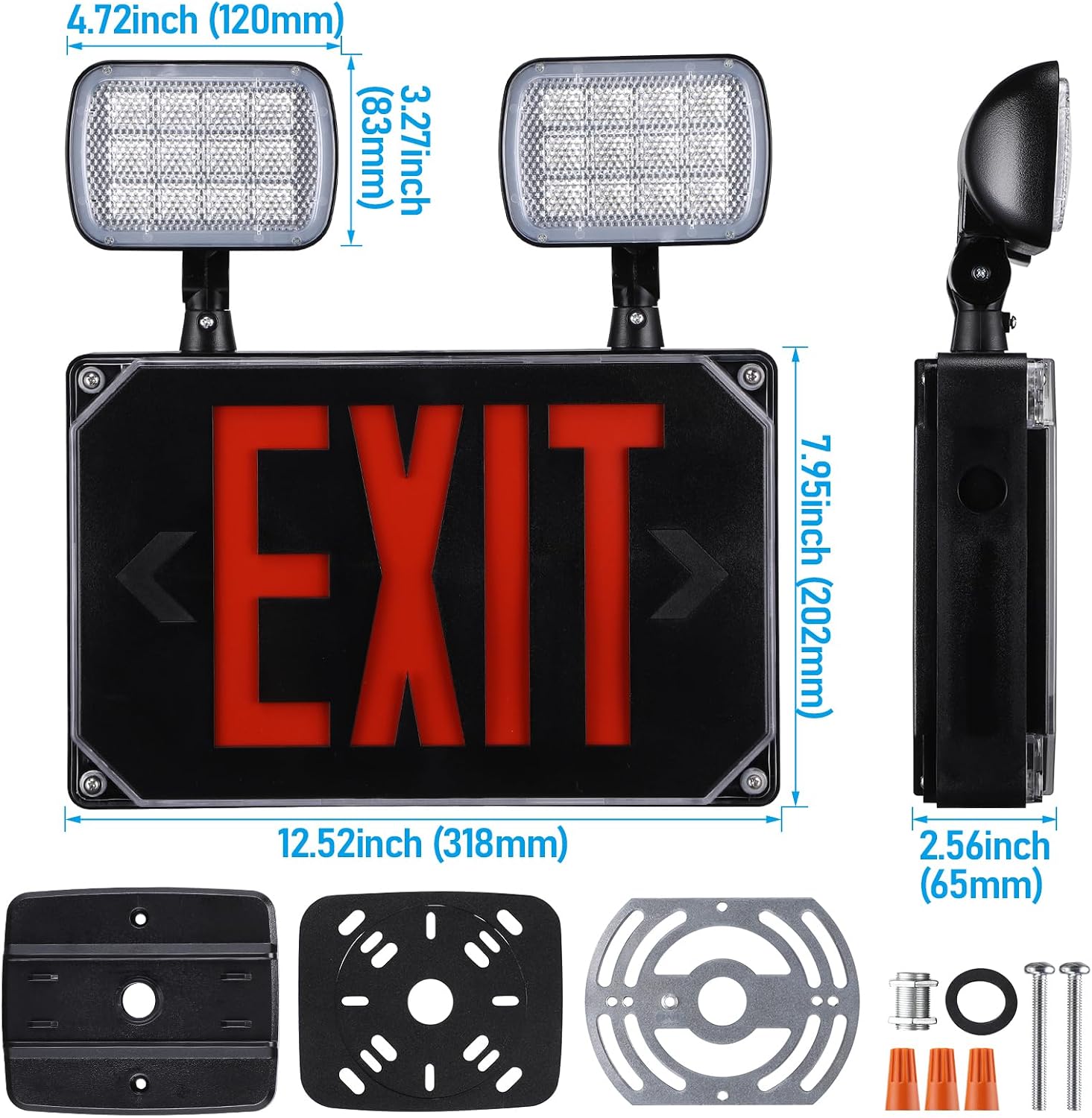 LEONLITE LED Exit Light, Wet Location Exit Sign with Emergency Lights, UL Listed, Outdoor Hardwired Red Letter Exit Sign with Battery Backup, 2 Dual Heads, Double Face, AC 120/277V, Black, Pack of 6