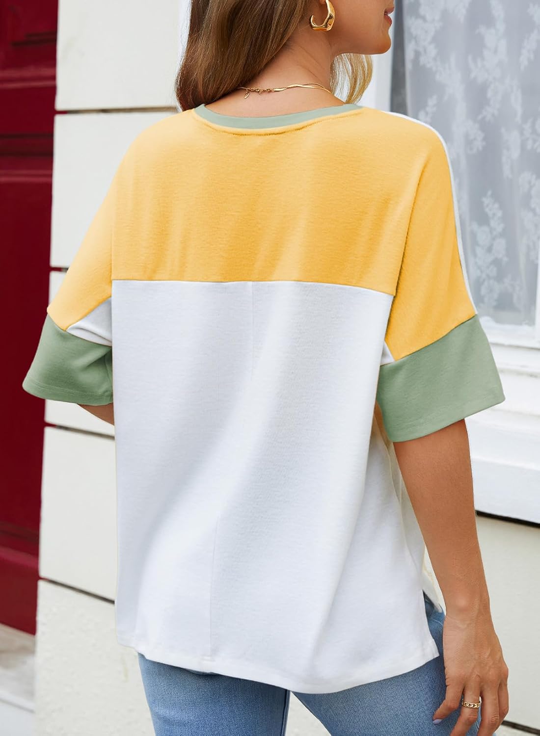 Dokotoo Womens Tops Oversized Trendy Shirts 2026 Summer Color Block Crewneck Business Casual Womens Blouses S-2XL - Image 4