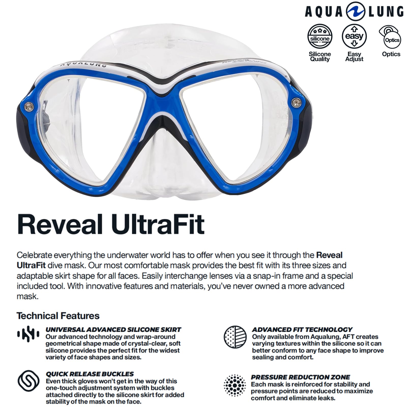 Aqualung Reveal ULTRAFIT - taucherbrille Erwachsene mit 180°-Panoramablick, individueller Gesichtsanpassung, austauschbaren Gläsern, wasserdicht, Silikon-Rand, perfekt zum Tauchen