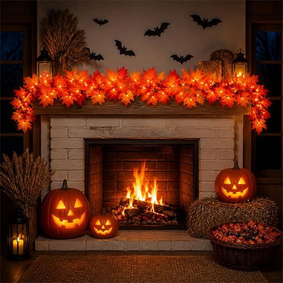 Fall Decorations for Home 9FT Fall Garland with Lights Plug in UL Listed 50 Orange Incandescent Bulbs, Connectable Fall Lights for Indoor Outdoor Halloween Harvest Thanksgivings Holiday Decorations