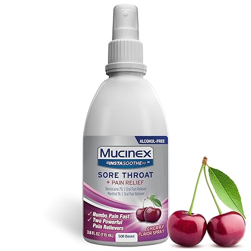 Mucinex Instasoothe Sore Throat Spray for Oral Pain Relief, Throat Numbing Spray with Benzocaine & Menthol Starts to Work on Contact, Cherry Flavor, 3.8 Fl Oz - Cherry - 3.8 Fl Oz (Pack of 1)