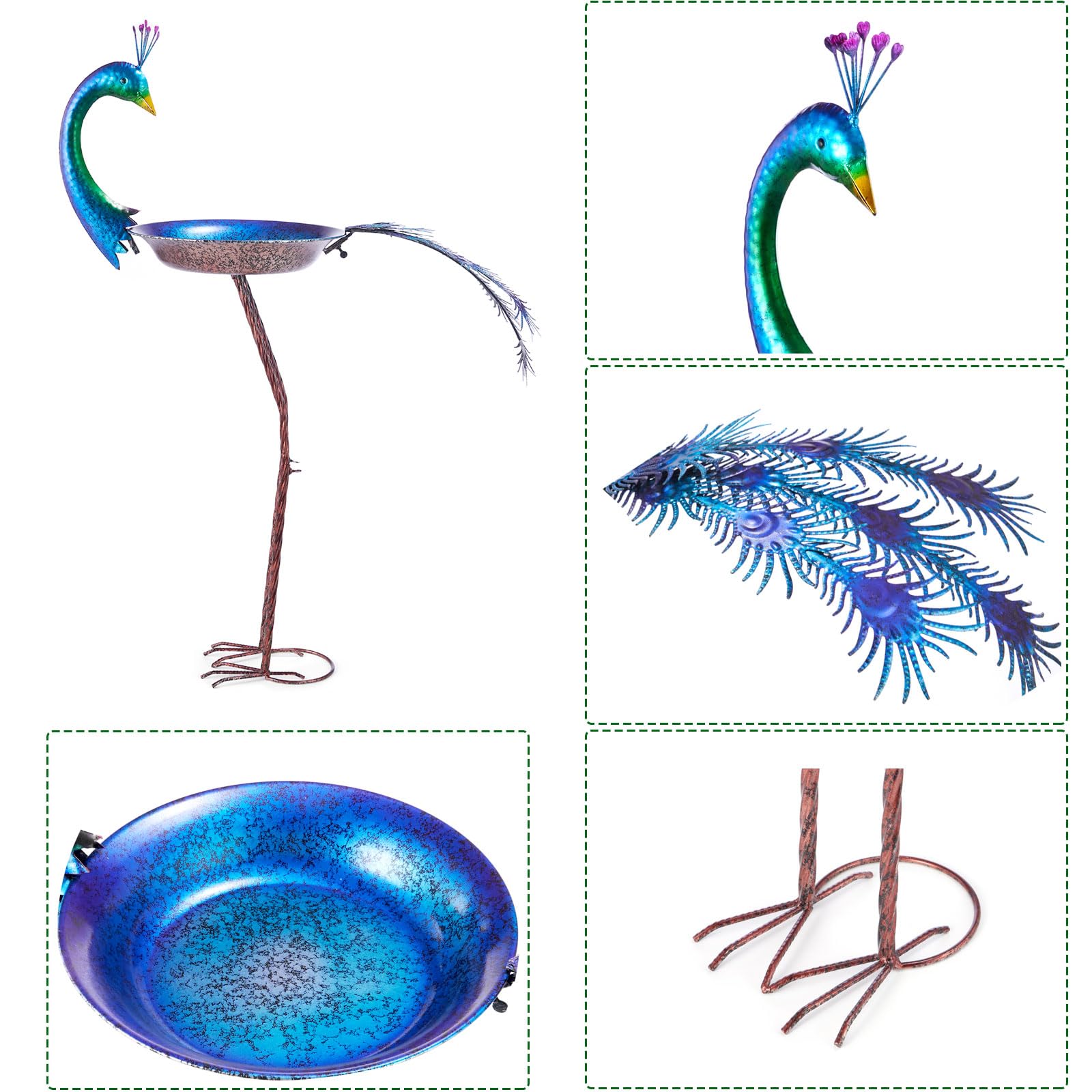 HLQMFHT Baños de pavo real para pájaros de 12.8 pulgadas de ancho x 38.2 pulgadas de alto para exteriores, bandeja de semillas de comedero de pájaros de metal, plato de bebedero para pájaros,