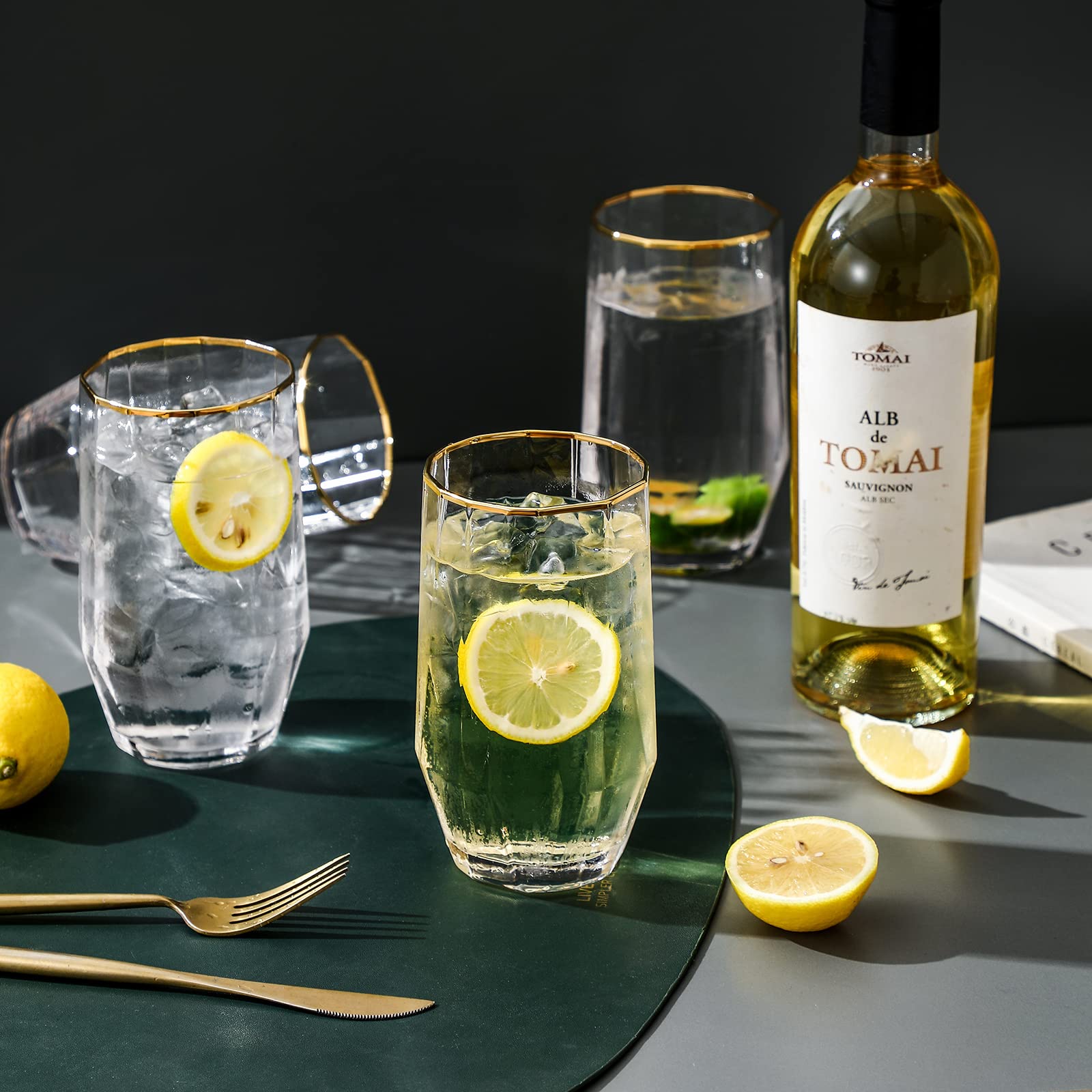 Bec's Designs 4 Bicchieri Highball In Vetro Martellato Triangolare Con Bordo Dorato – Soffiati A Mano, 473 Ml, Ideali Per Cocktail, Acqua E Uso Quotidiano - 3
