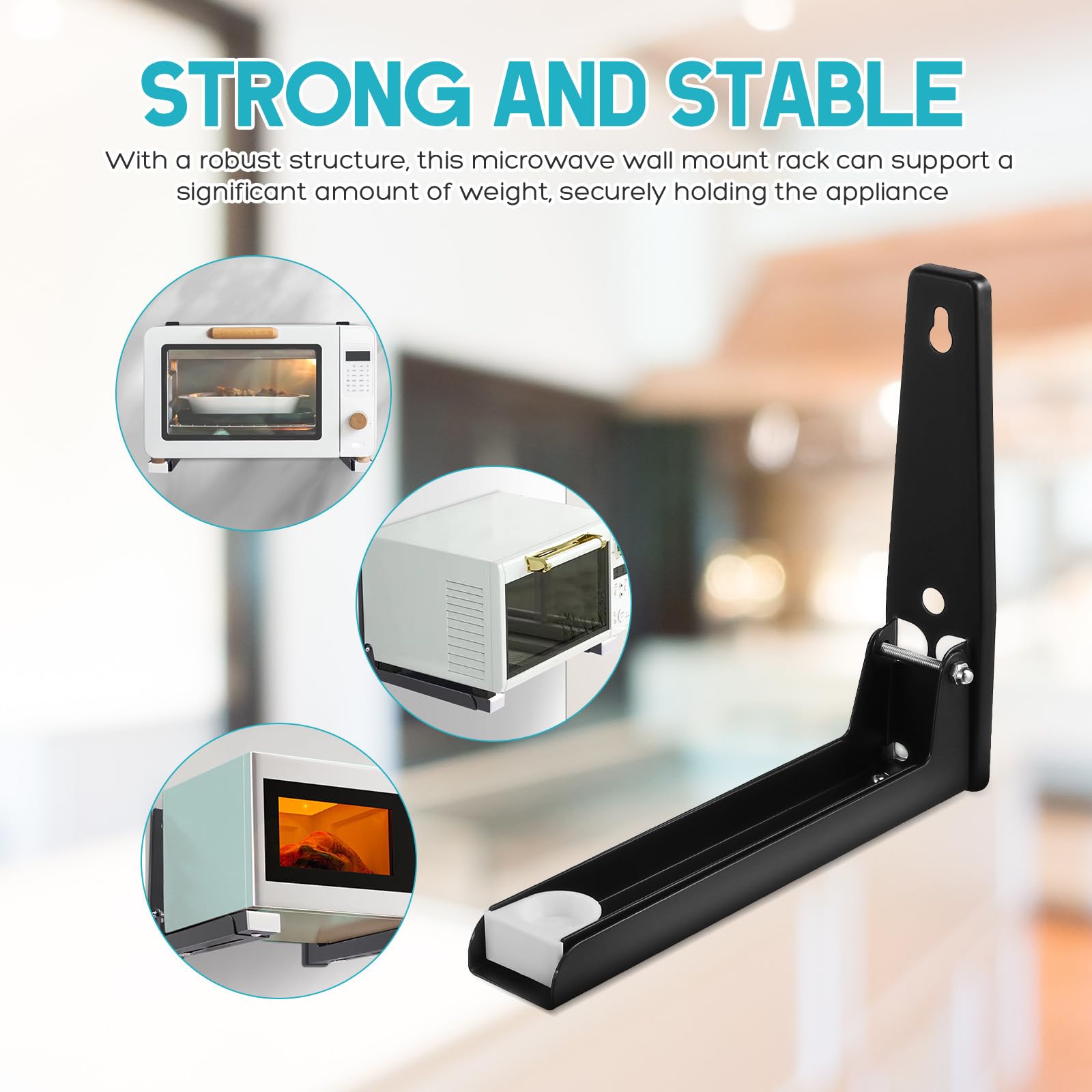 Angoily Support Mural pour Four à Micro-Ondes Pliable en Acier Inoxydable Noir Longueur Réglable Étagère Cuisine Robuste pour Rangement Optimisé et Gain de Place 1 Paire Usage