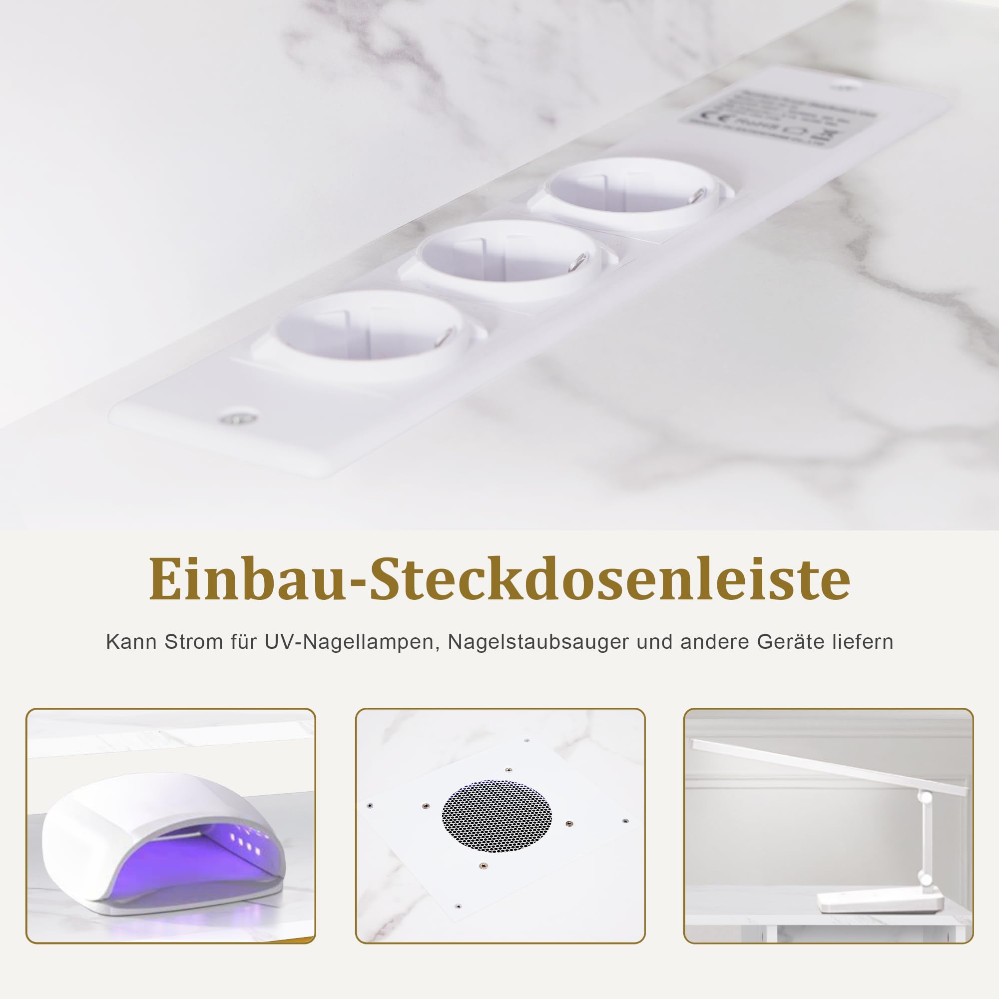 Barberpub Manikürtisch mit Schublade & Schrank, Nageltisch mit Absaugung, 3 Steckdosen, 2 Staubsaugerbeuteln, Nagelfrisiertisch Holz, Schreibtisch für Nagelstudio, Marmor-Weiß Gold, 50x110x82cm, 2491