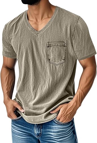 V Neck T Shirts Men Vintage Short Sleeve Shirt Lightweight Summer Tops Plain Tees Comfy T-Shirts Distressed Shirts