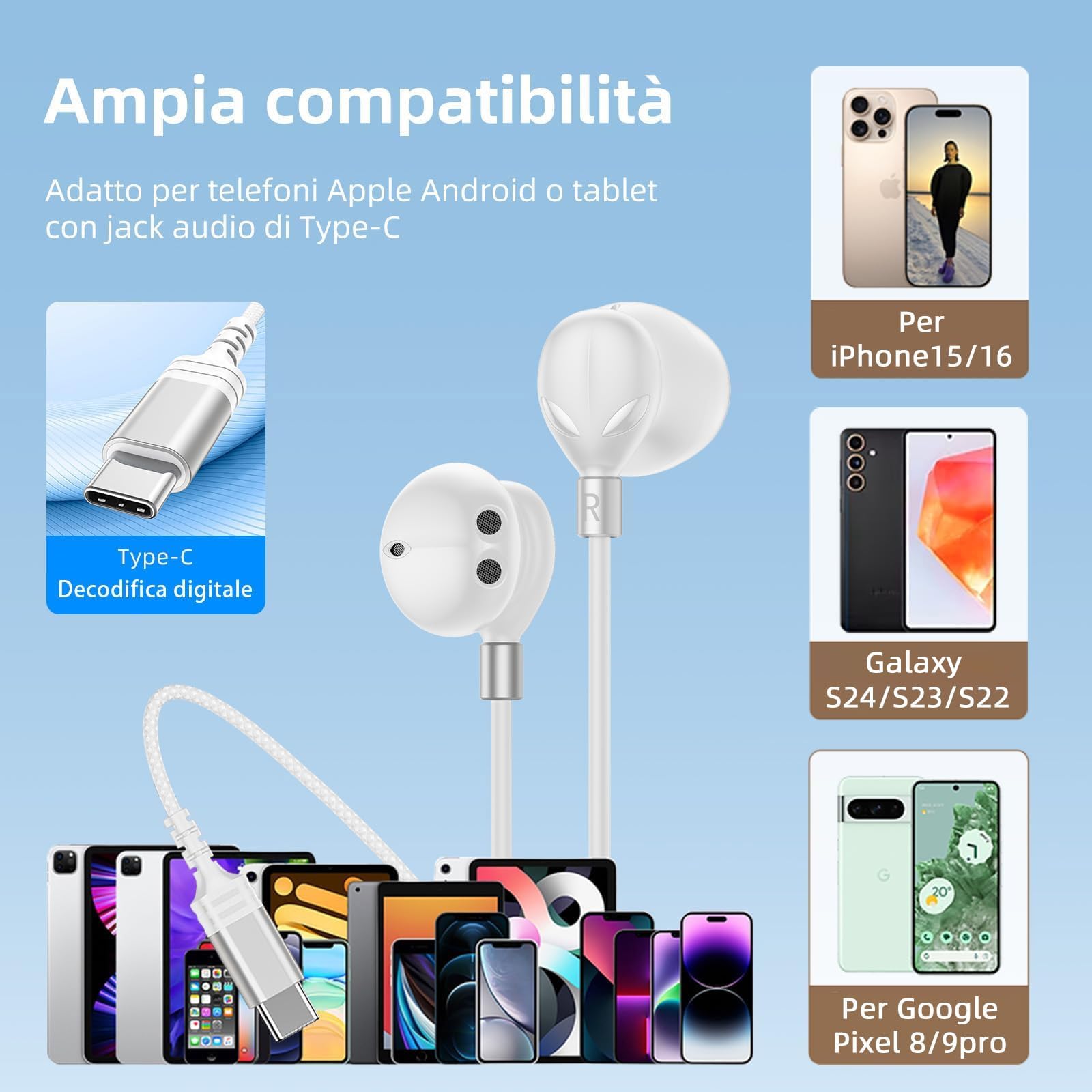Cuffie USB C Per iPhone 16/15 Pro Max Plus Auricolari con filo Type C Per Samsung Galaxy S25 S24 Ultra S23S22 A54A55 In-Ear Cuffie Tipo C con microfono Hi-Fi Stereo Per Apple Google iPad pro Pixel 9/8