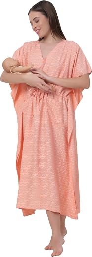 Noty® Women’s-Printed Rayon Maternity & Nursing Kaftan with Both Side Zippers and Pockets | Soft & Breathable Feeding Nightwear Dress