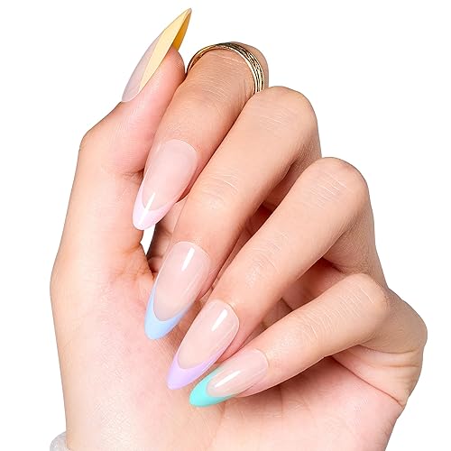 Beetles - Uñas postizas a presión con puntas francesas de arcoíris, uñas medianas de almendra, 144 unidades, 12 tamaños, reutilizables,