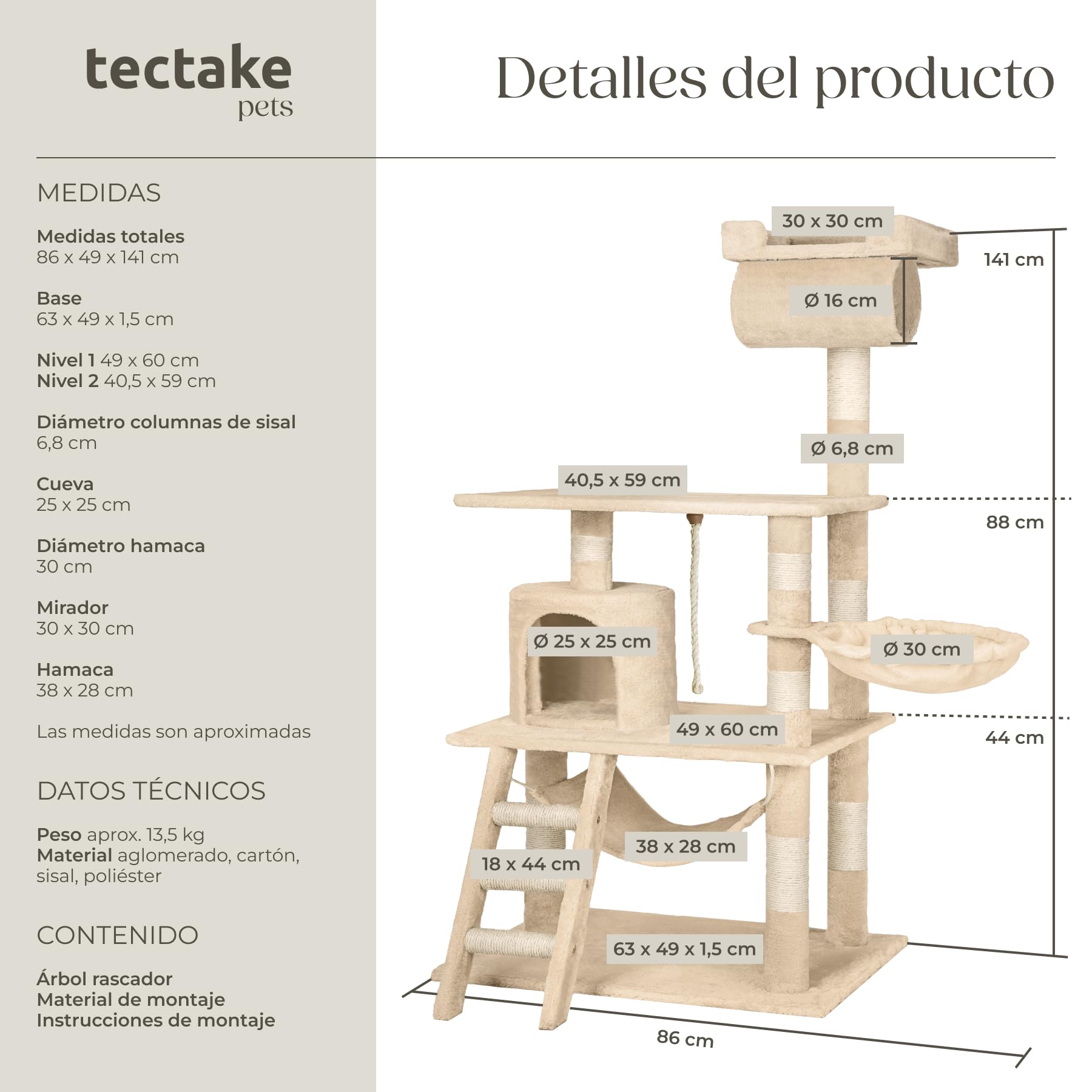 TecTake Rascador Árbol para gatos 86x49x141cm (beige | no. 402279)