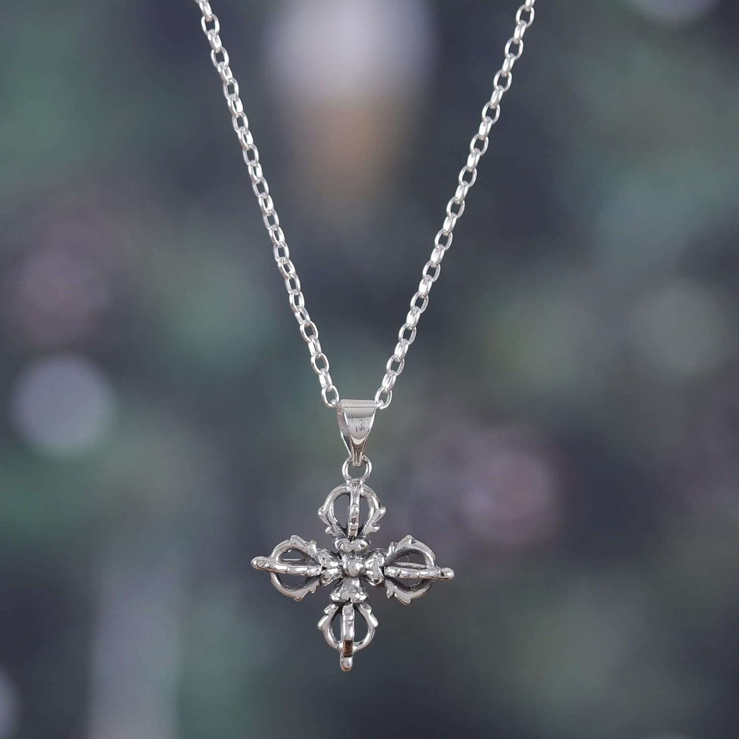 NOVICA No Stone .925 Sterling Silver Men's Pendant Necklace 'Dorje Flower'