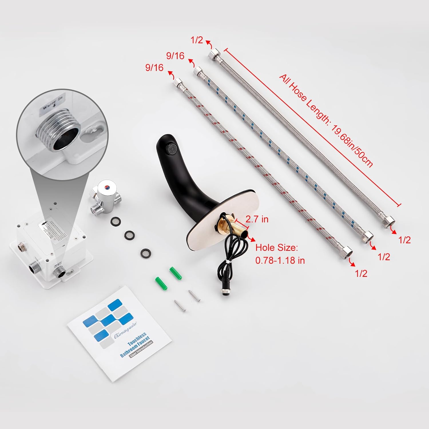 Charmingwater Touchless Bathroom Sink Faucet with Hole Cover Plate, Matte Black - Image 8