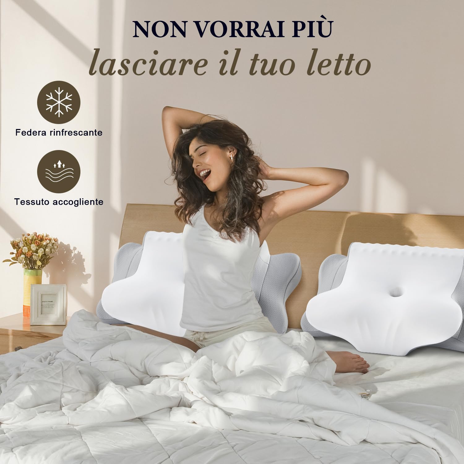 KOOTETA Cuscino Cervicale Memory Foam, Cuscino Ortopedico per Dormire con Supporto per Collo e Spalle, Doppia Altezza 10/13 cm, Federa Traspirante Sfoderabile Lavabile, 64x39 cm, Grigio Chiaro