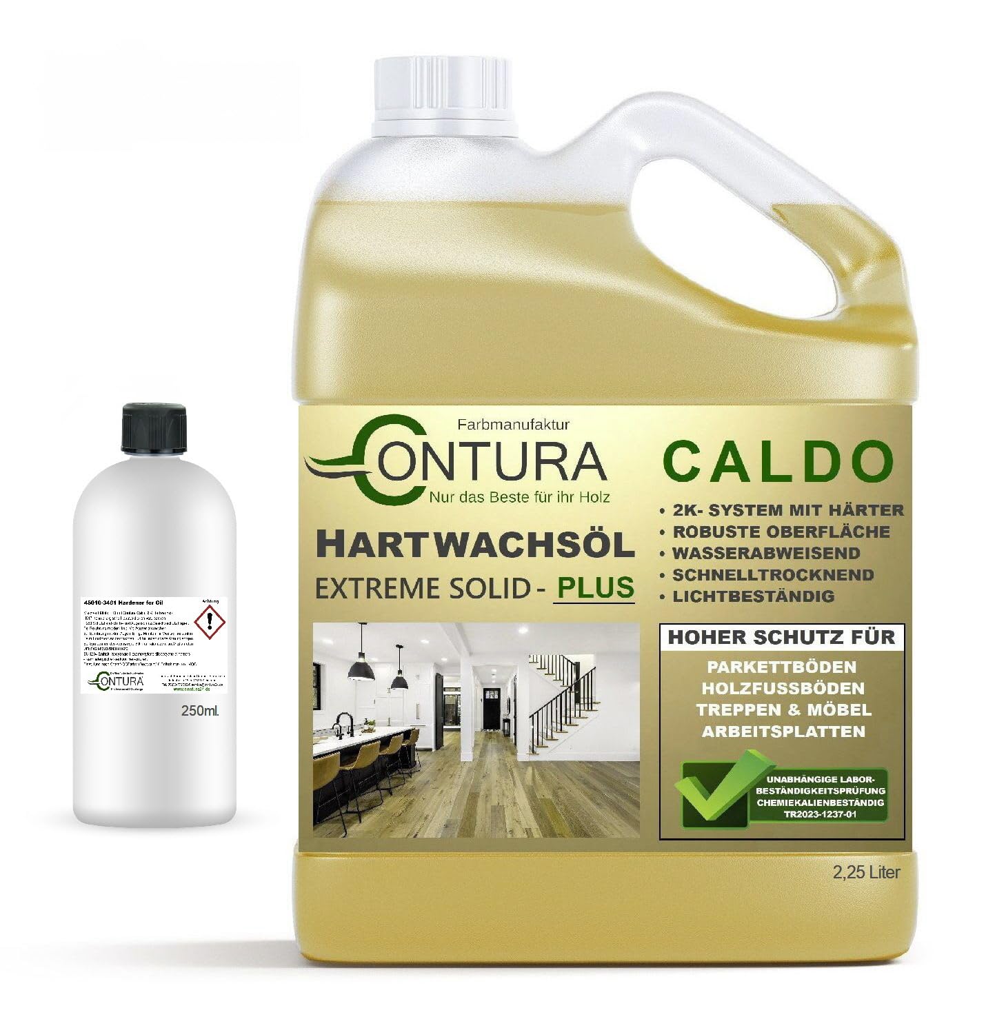 Contura 2,5 Liter Hartwachsöl 2K mit Härter Premium Holzöl Parkettöl Objektöl Treppenöl Fußbodenöl (Farblos - Naturholz)