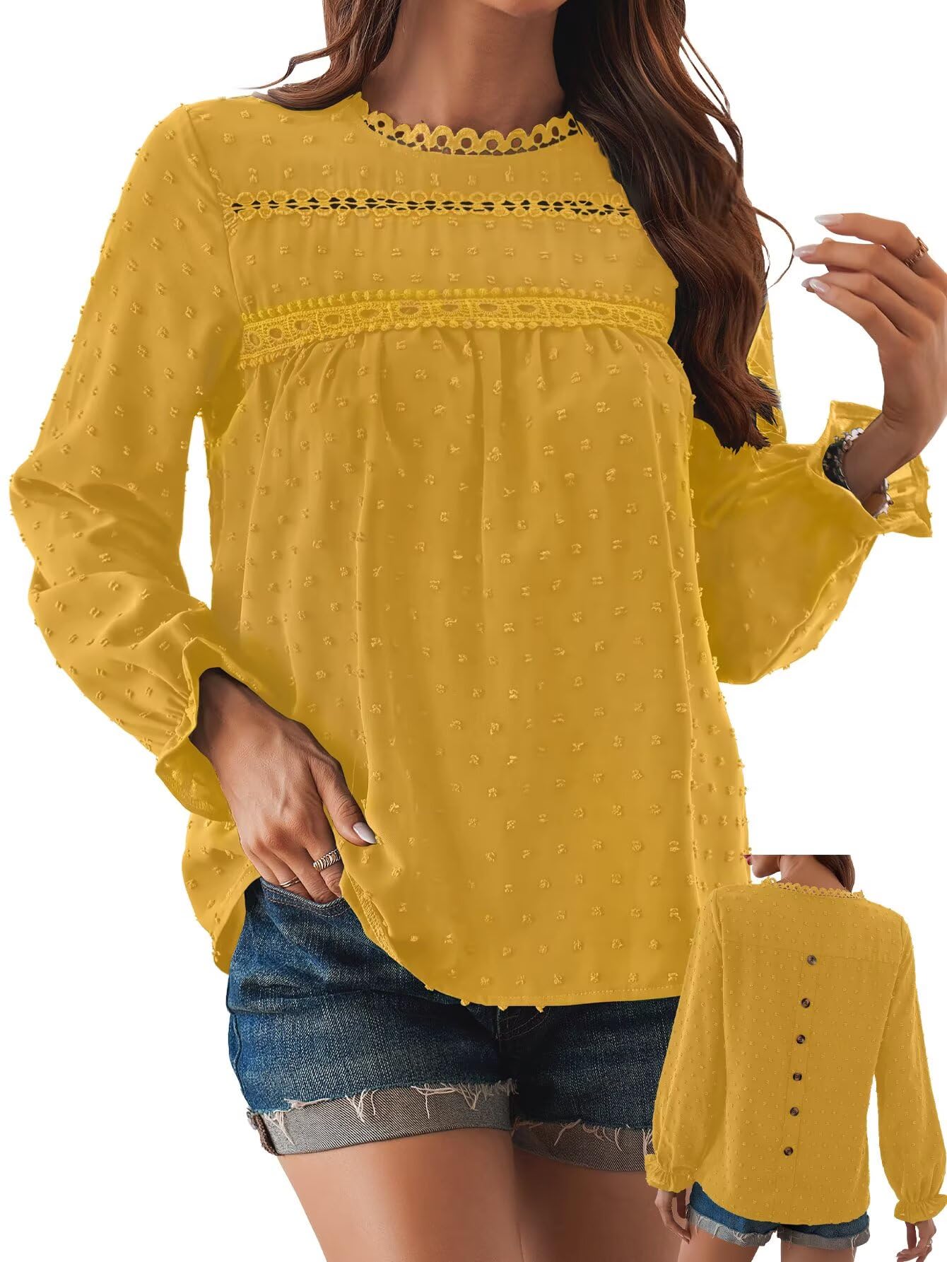 Tee Shirt Femme Bohème Col Rond Top Manches Longues Blouse Élégant