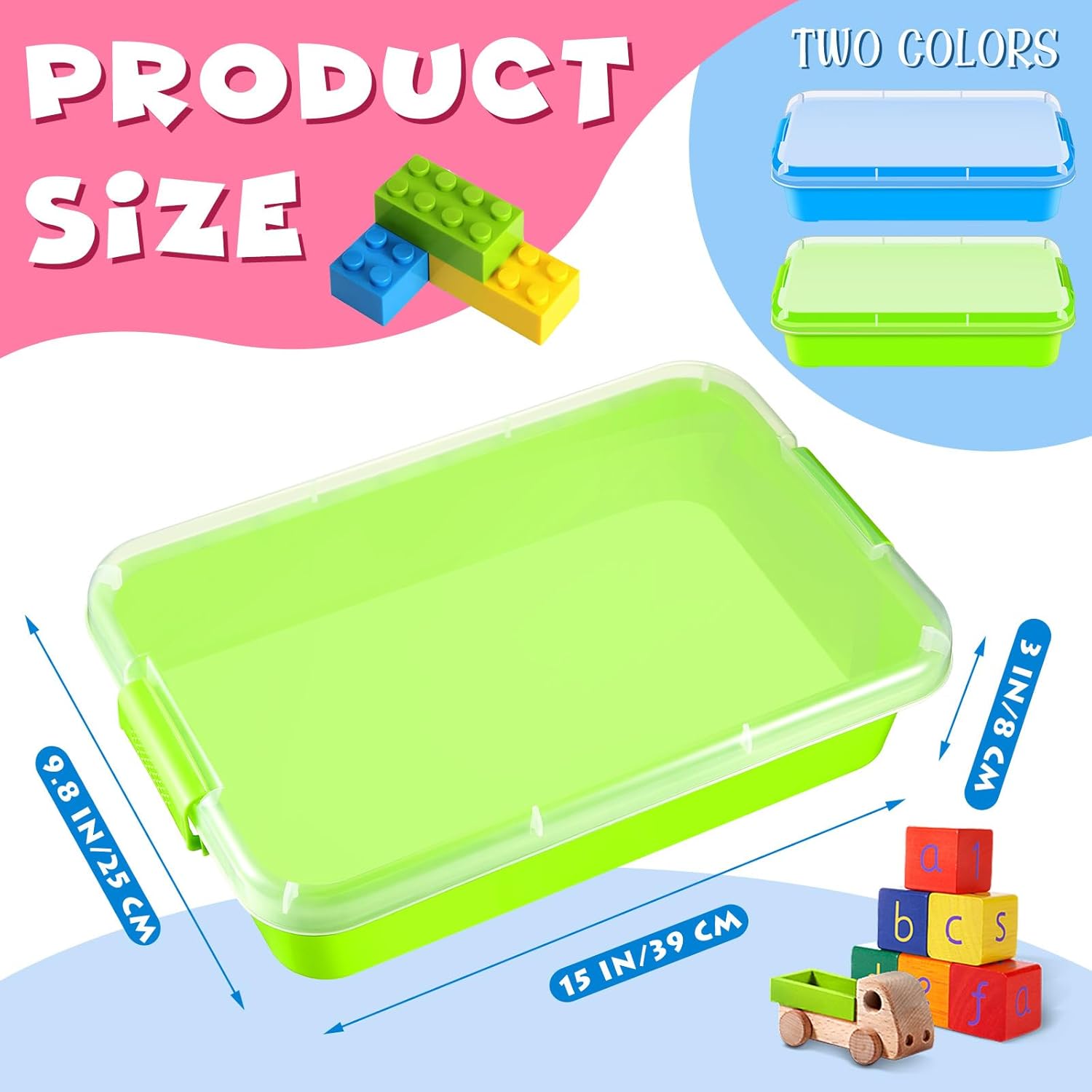 2 Pack Sensory Bin for Kids, Sand Tray with Lid, No-Mess Sensory Play Container for Sand, Building Blocks Storage, Portable Kids Activity Bin Indoor Outdoor(Blue, Green)