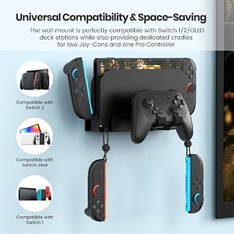Metal Wall Mount for Nintendo Switch 2/ Switch 1/Switch OLED Console Slim Design Organizer Shelf Behind TV Compatible with Joy-Con & Pro Controller Holder