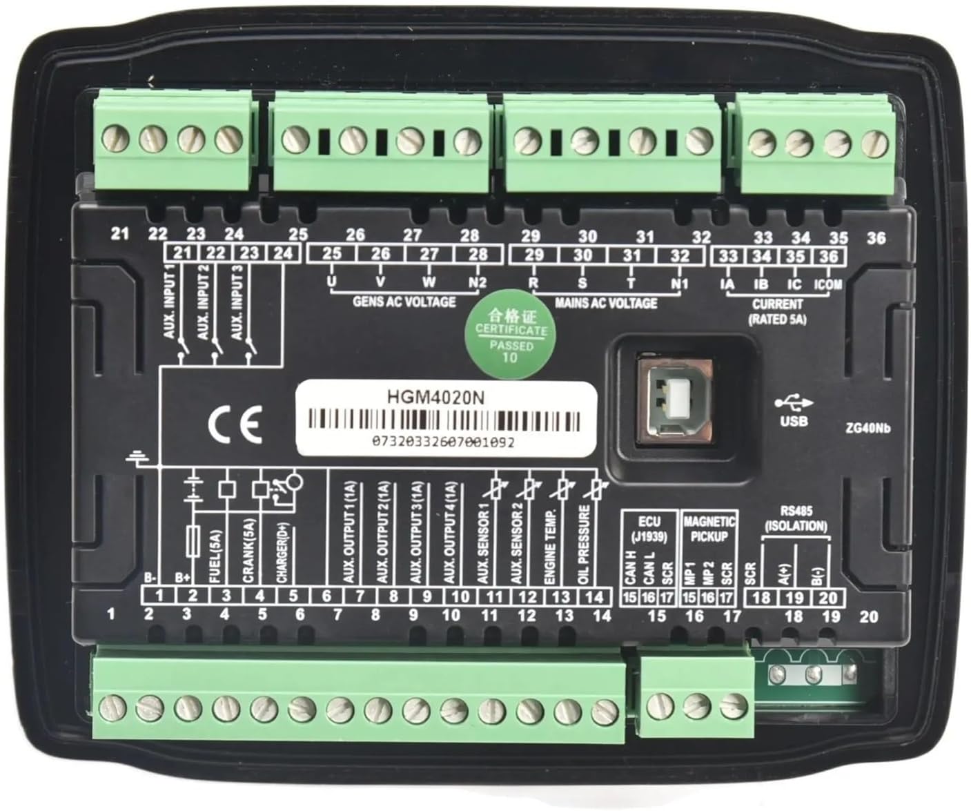 HGM4020N Generator Smart Controller rear panel with labeled terminals