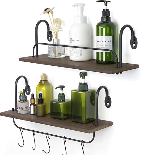 Amazon Olakee フローティングウォールシェルフ キッチンバスルーム コーヒーヌーク 10個の調節可能なフック付き マグ調理器具やタオルに 素朴な収納棚 2 17x5 9インチ フック オンライン通販