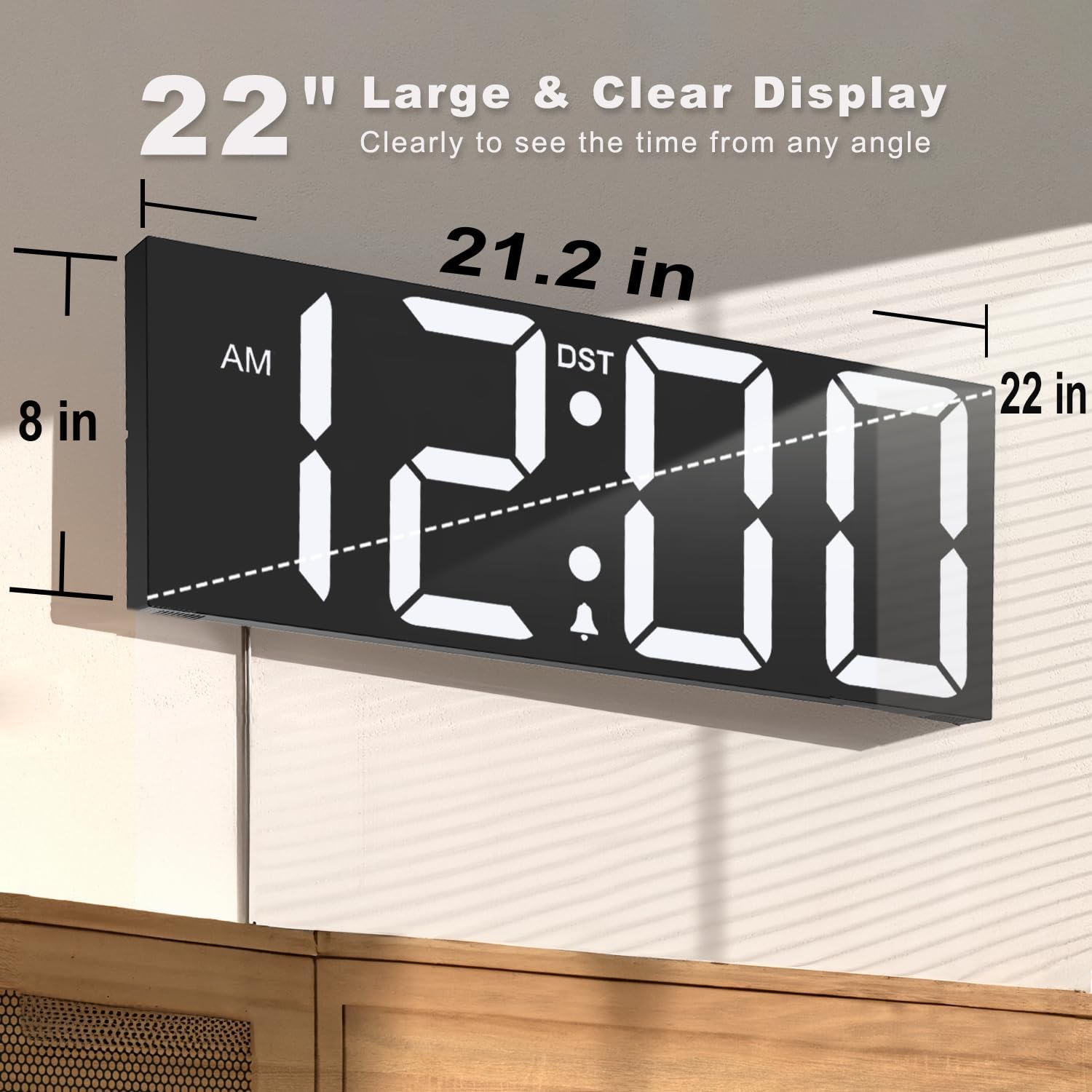 JALL 22'' Large Digital Wall Clock, Big LED Number Dispaly, DST, Night Light for Classroom, Living Room, Bedroom, Mounted, Birthday Xmas Gift for Senior, Mem Womem Mom Dad, White