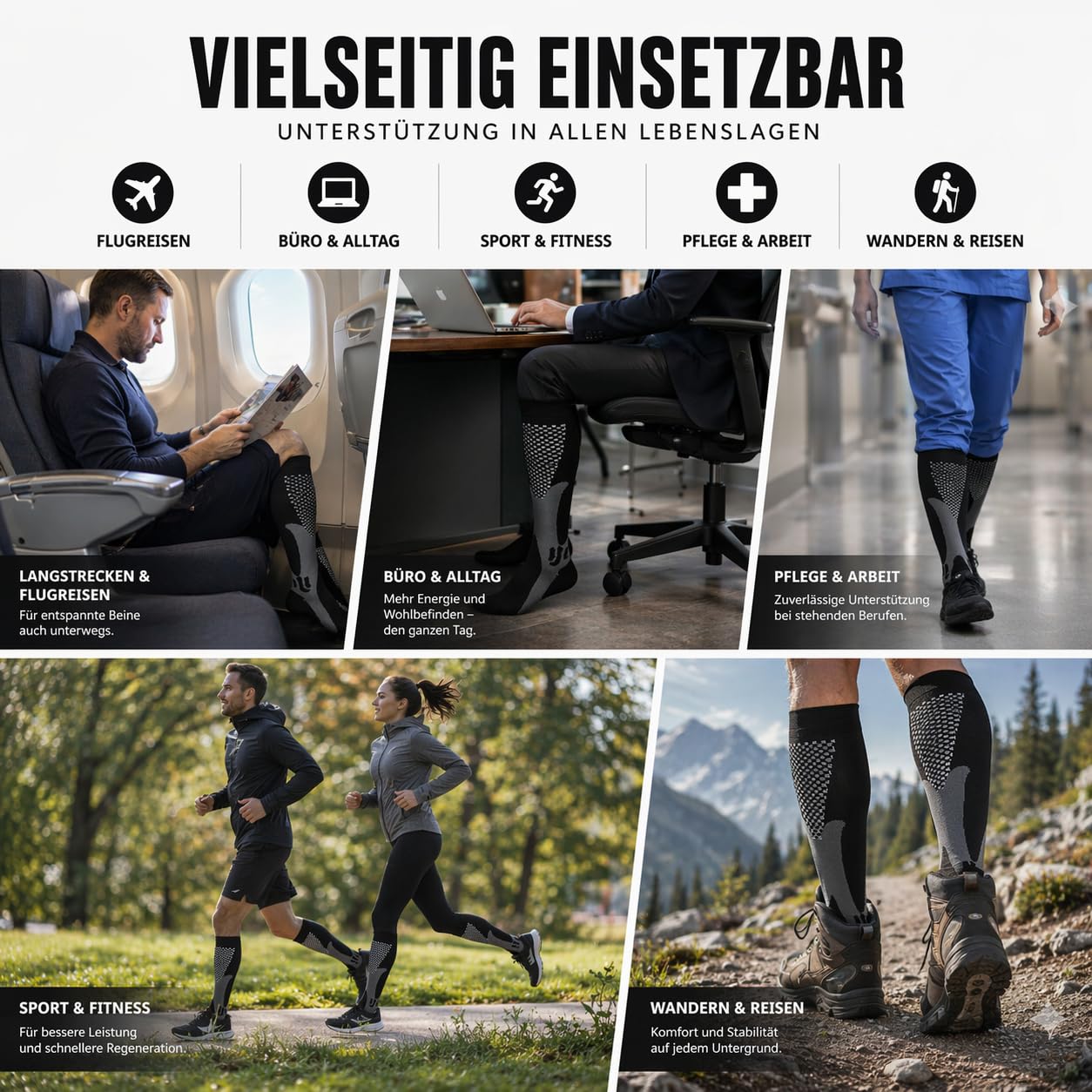 3 Paar Kompressionsstrümpfe Damen Herren, Kniestrümpfe Herren, Laufsocken Stützstrümpfe für Flug, Sport