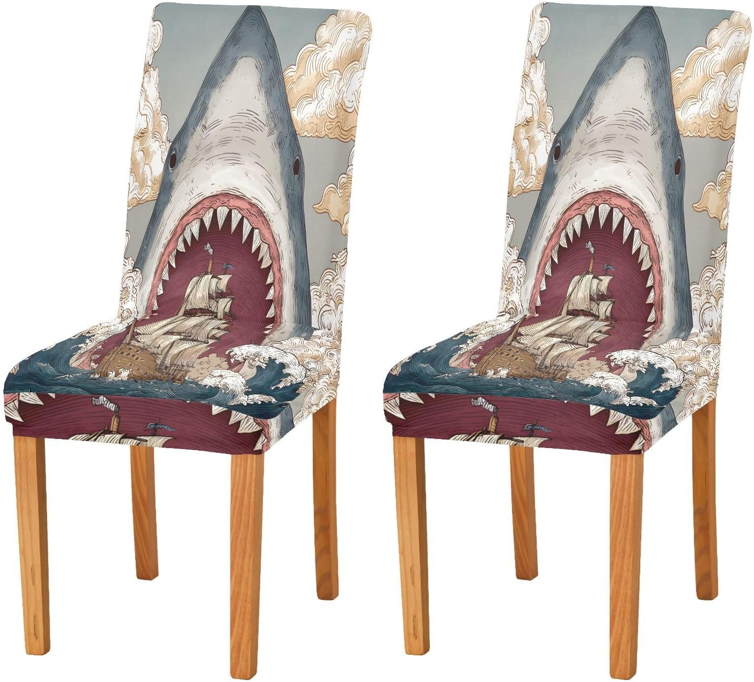 ALAZA Chair Covers for Dining Room, Shark Wave Sailboat Stretch Chair Cover Sets Chair Protector Removable Washable for Ktichen Restaurant Hotel