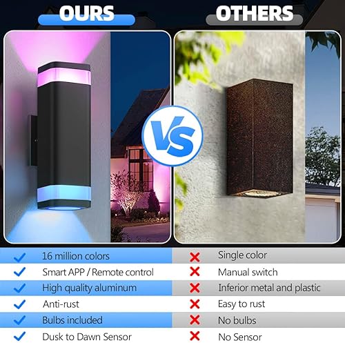 Miniatura 8 de SHIMR Luz de pared inteligente RGB para exteriores, control de aplicación WiFi, lámpara exterior que cambia de color con sensor de atardecer a