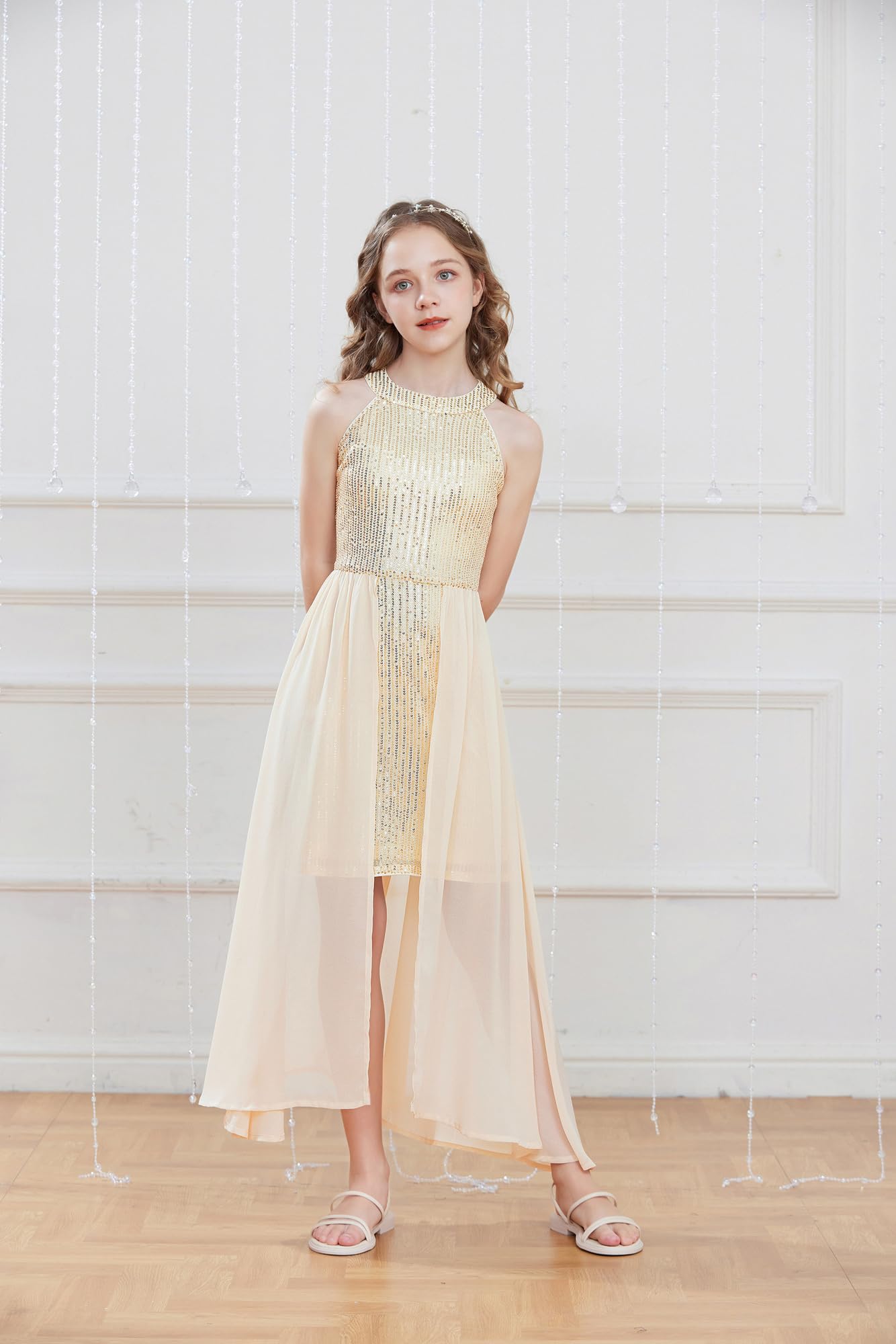 GRACE KARIN Fille Robe à Paillettes et Traîne en Mousseline à Dos Nu - Sans Manche pour Demoiselle d'honneur de Mariage et Fête d'Été
