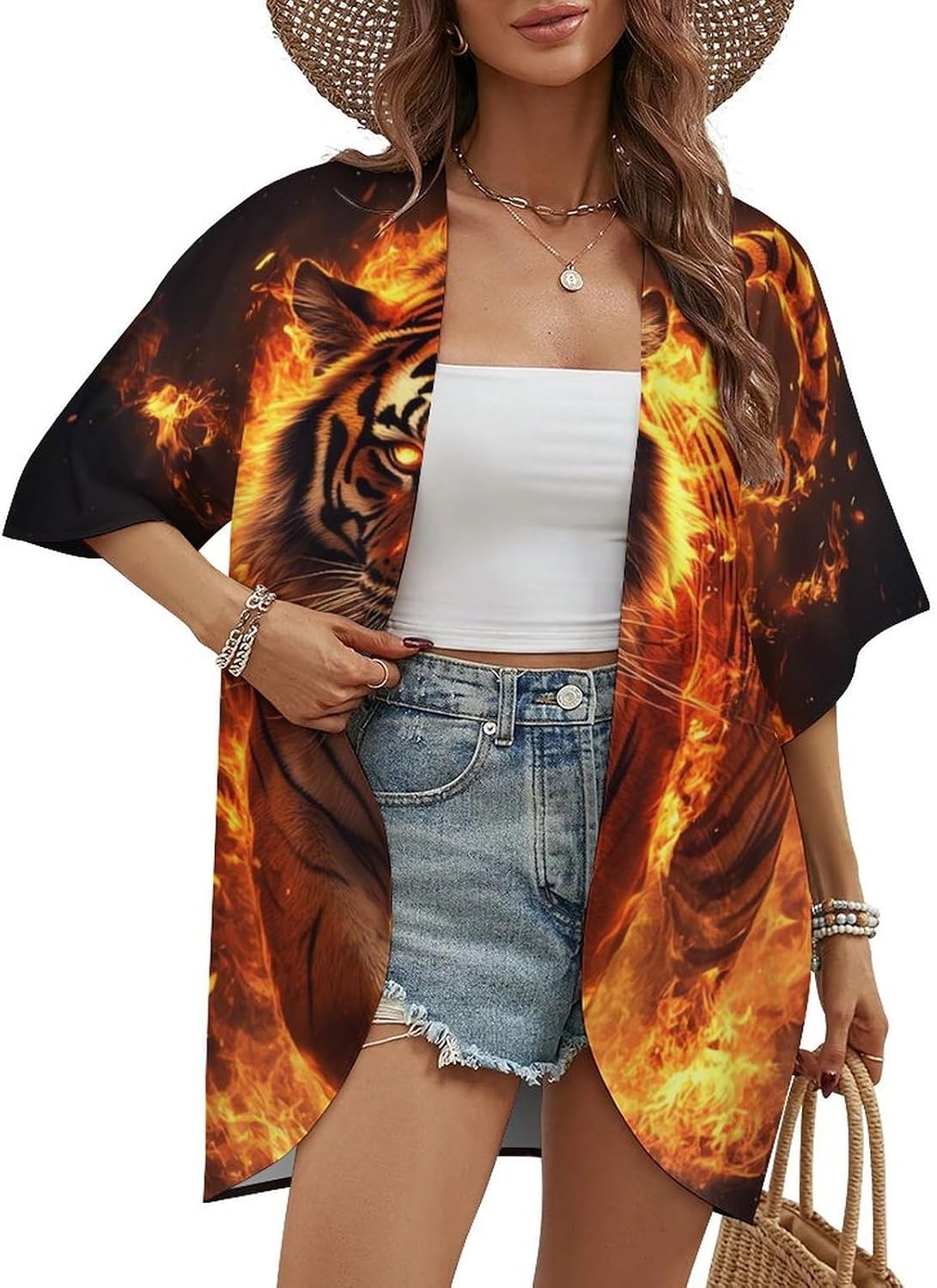 Fire Tiger Animal Women's Open Front Cardigan Short Sleeves Jacket Lightweight Sweaters Tops