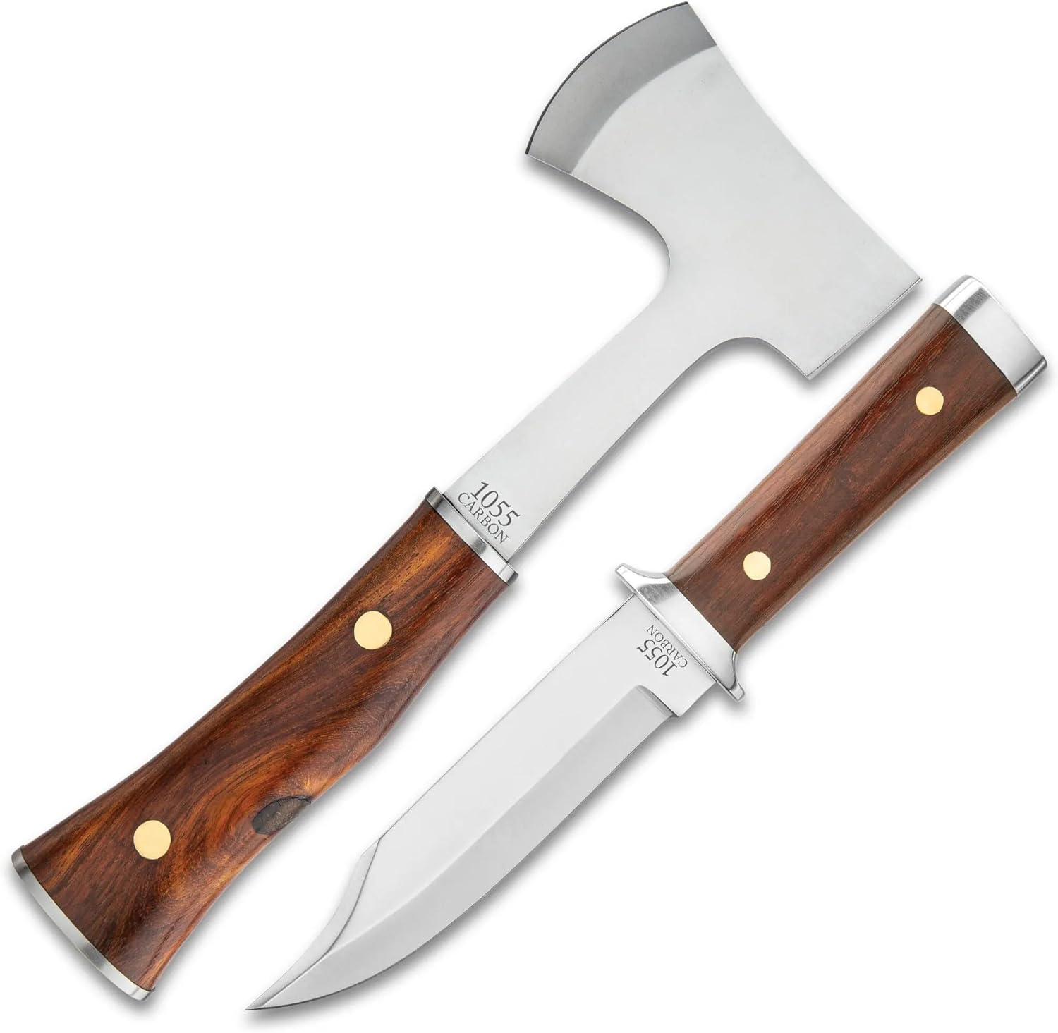 Timber Wolf Expedition Set | 5 1/2" Knife Blade | 10" Knife Overall | 4 1/4" Axe Head | 11" Axe Overall | Wooden Handles | 1055 Carbon Steel | Includes Premium Dual Leather Sheath