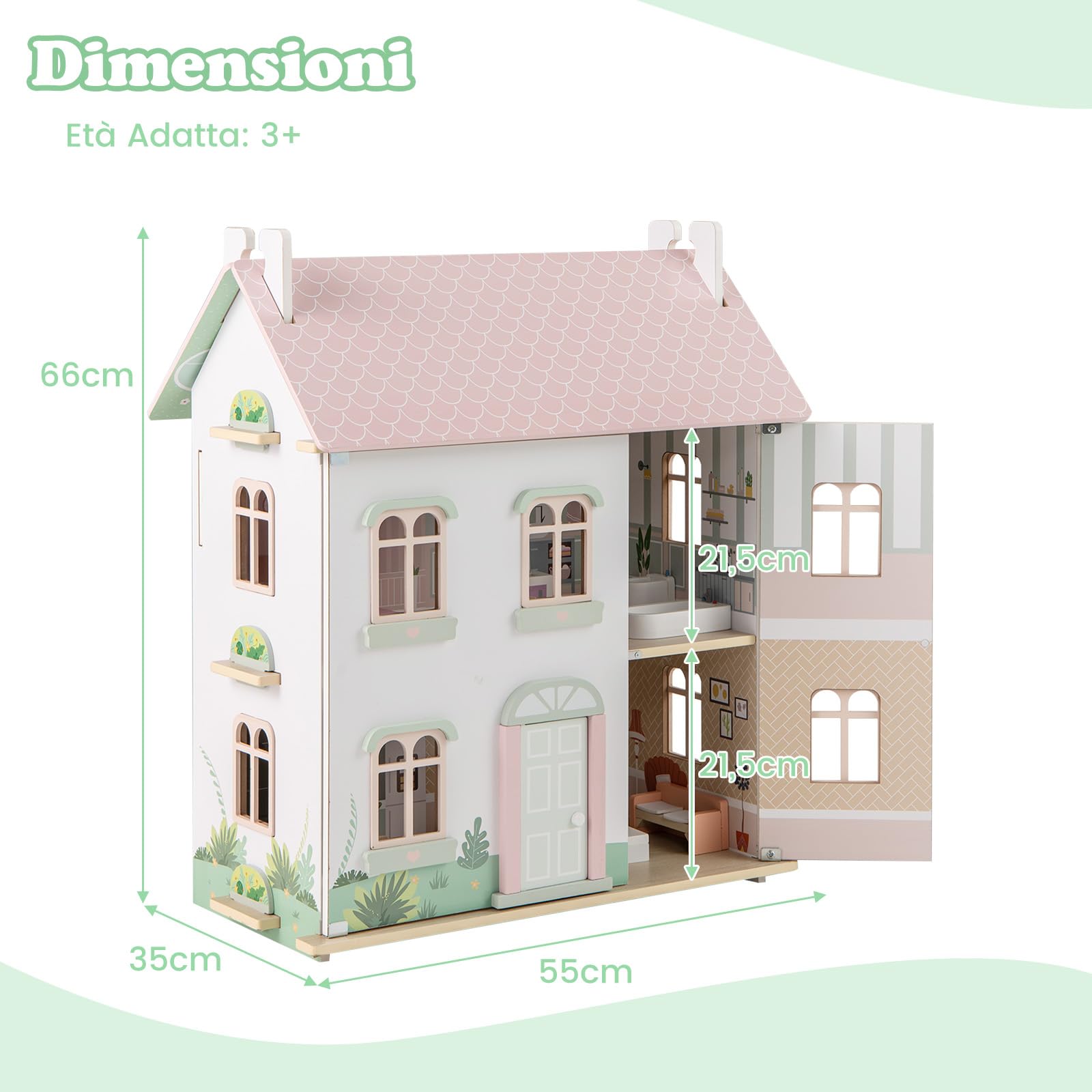 GYMAX Casa delle Bambole in Legno, Casa Giocattolo a 3 Livelli con Mobili e Accessori, con Tetti a 2 Lati, Porta Apribile, Scale in Legno Massiccio, Bambini 3 + anni