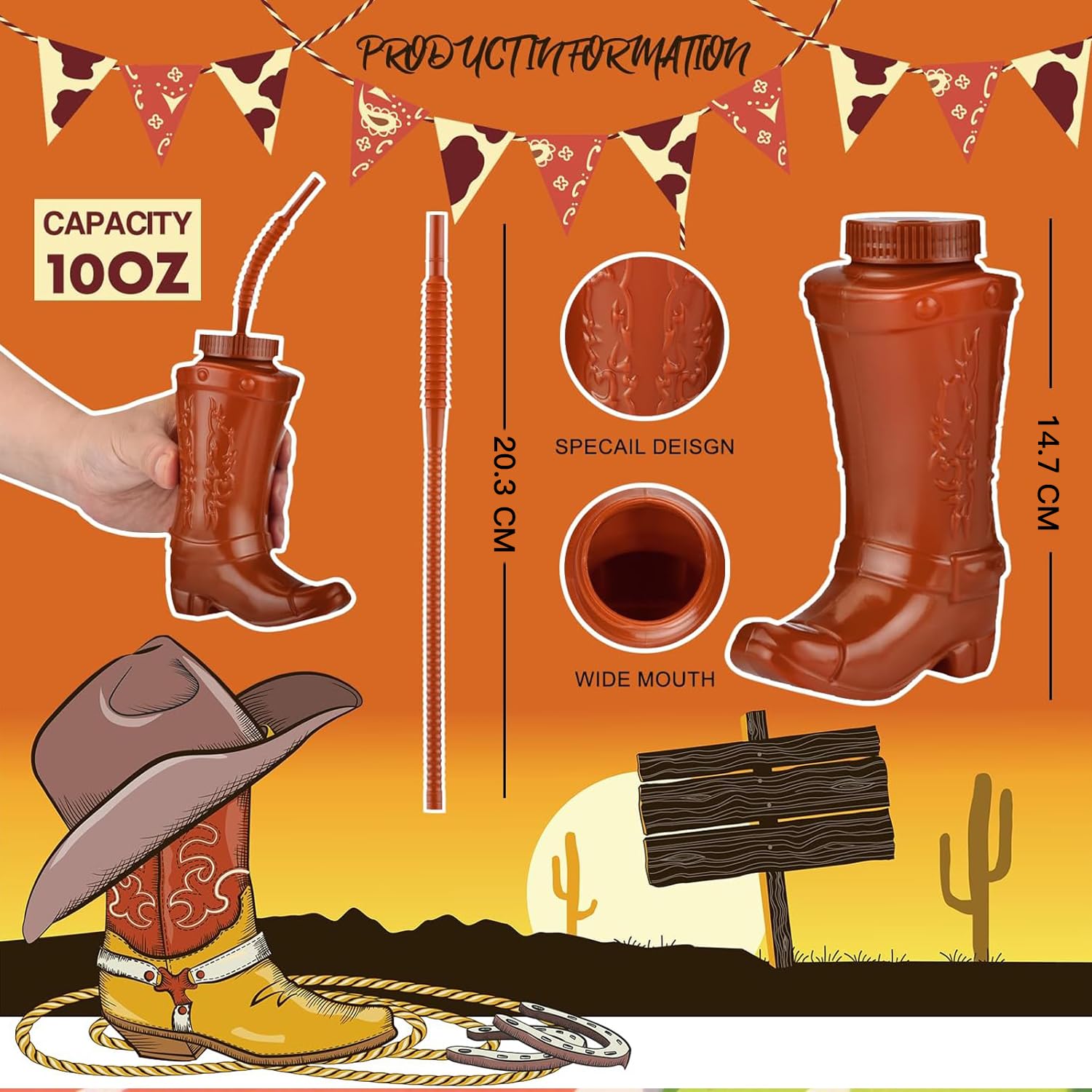 ALINK Cowboy Barca Tazze con cannucce e coperchi, 12pcs 10oz Cowboy Tazze per Western Rodeo Temed Party Favor, Compleanno, Vacanze, Eventi Accessori e Decorazioni - Brown